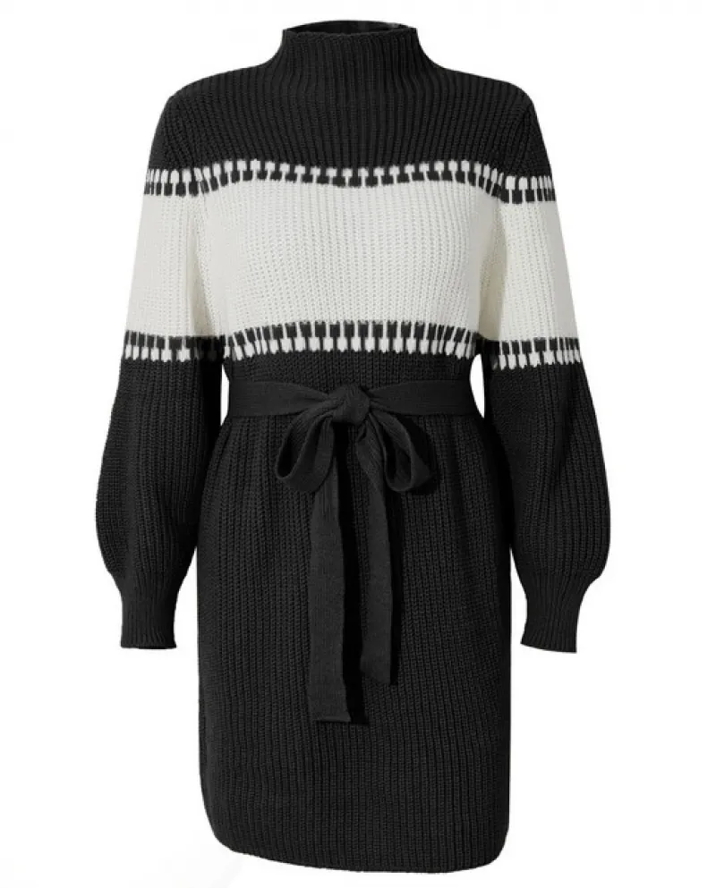 Autunno Inverno Moda Elegante collo alto maglione lavorato a maglia Abito manica lanterna allentata Maglione partito a blocchi d