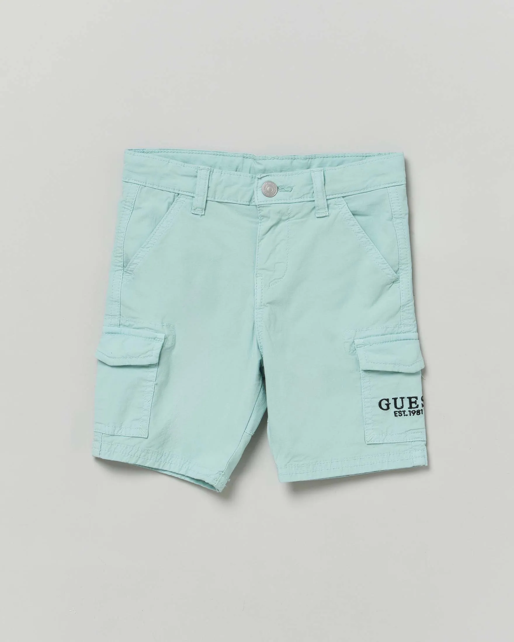 Bermuda cargo verde acqua in cotone stretch con scritta logo 9-24 mesi