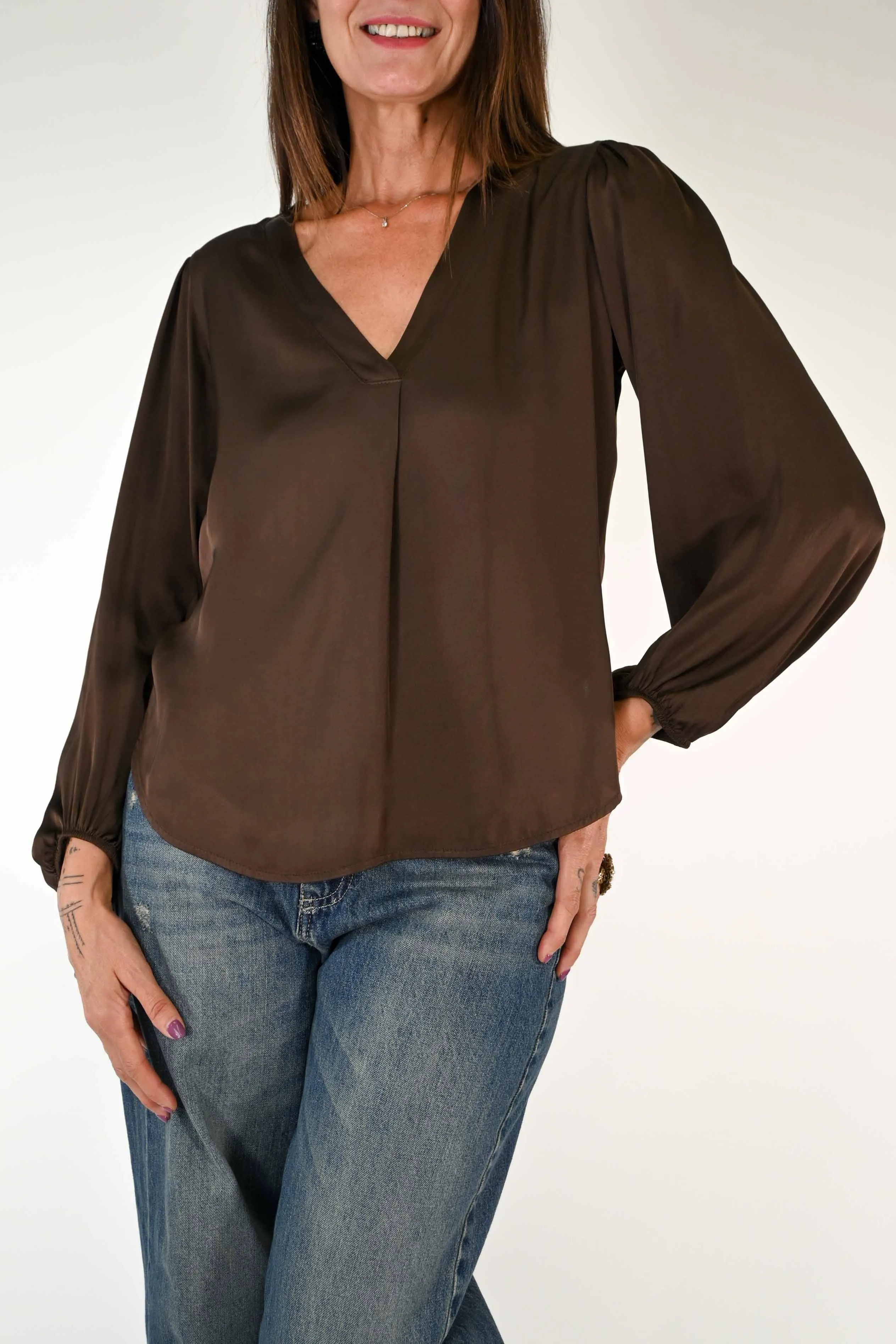 BLUSA SCOLLO V IN RASO DI VISCOSA COLOR MORO