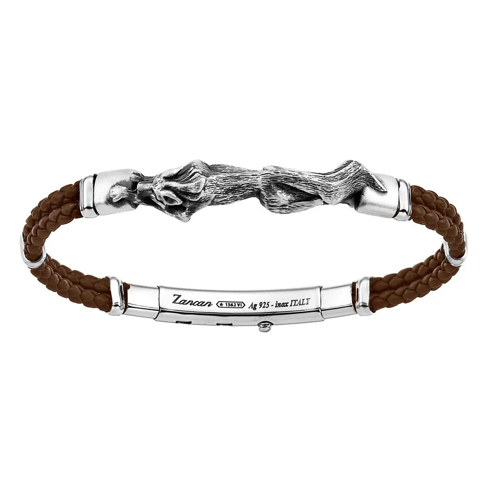Bracciale Zancan in pelle ed argento con lupo.