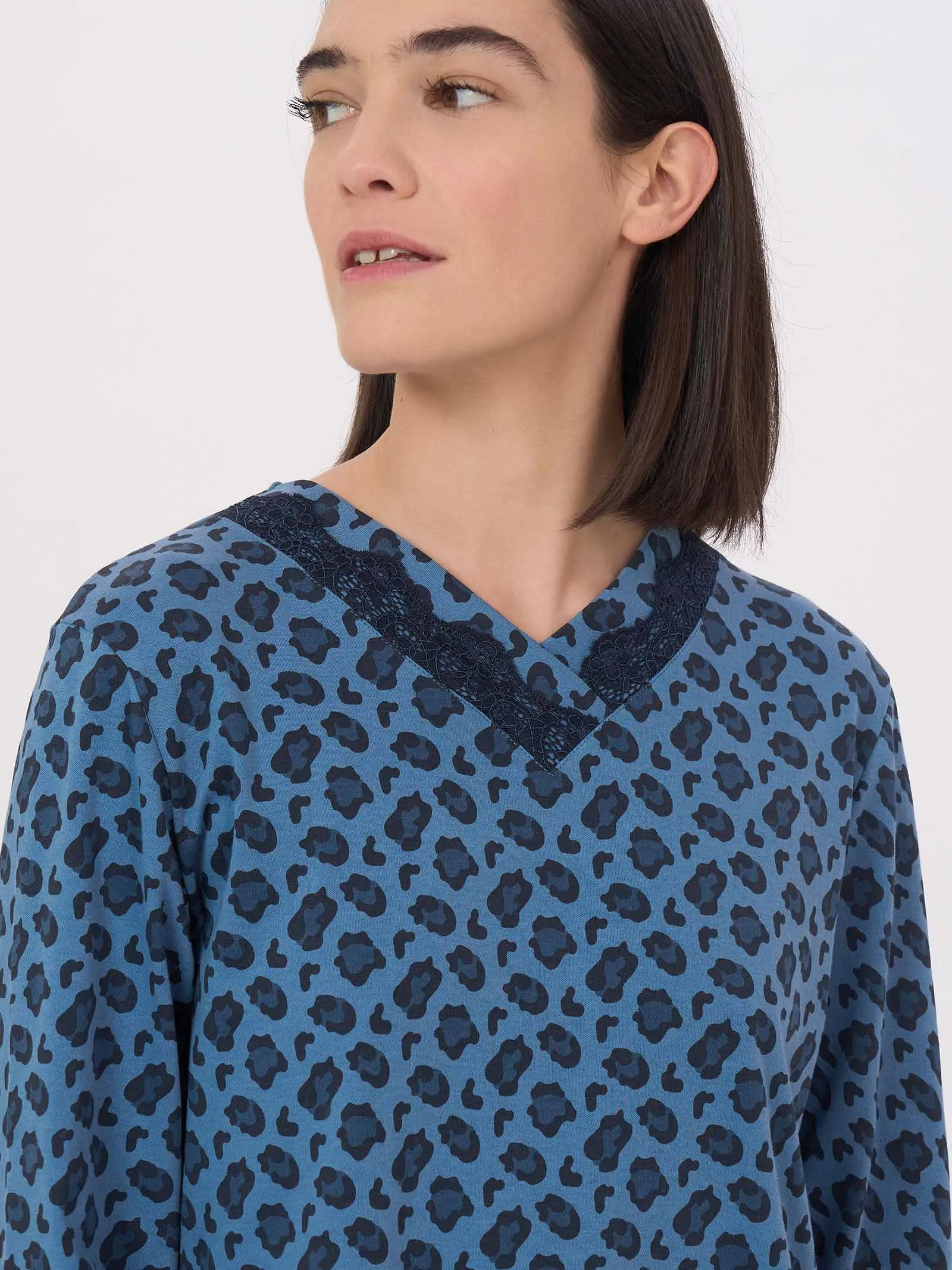 Camicia da notta scollo a V in Jersey di cotone e modal - Fant. Moonlight Blue