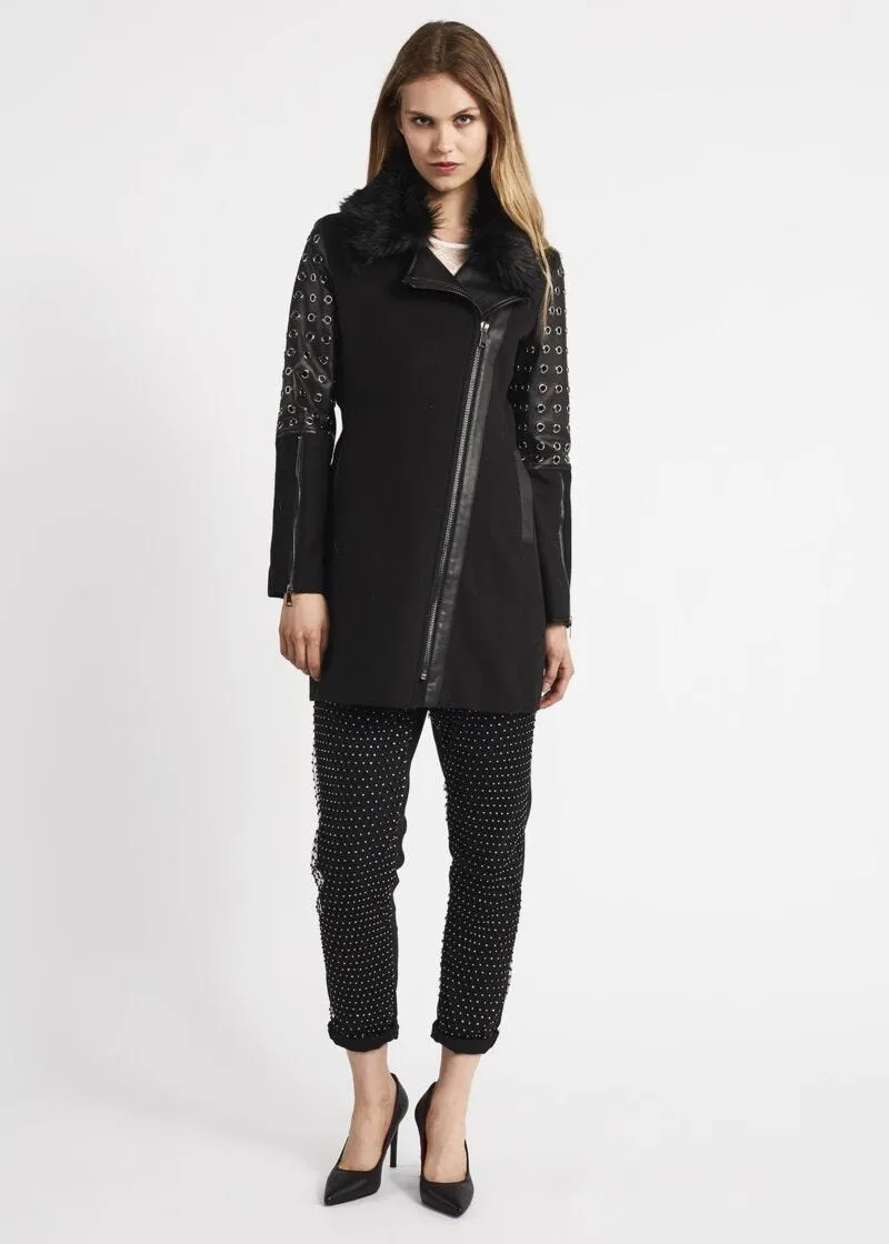 Cappotto biker con dettagli in pelle