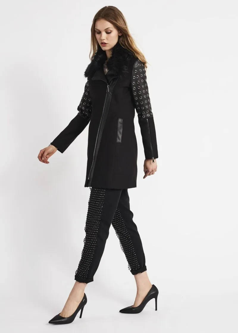 Cappotto biker con dettagli in pelle