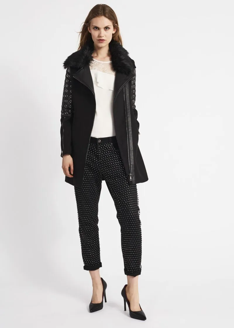 Cappotto biker con dettagli in pelle