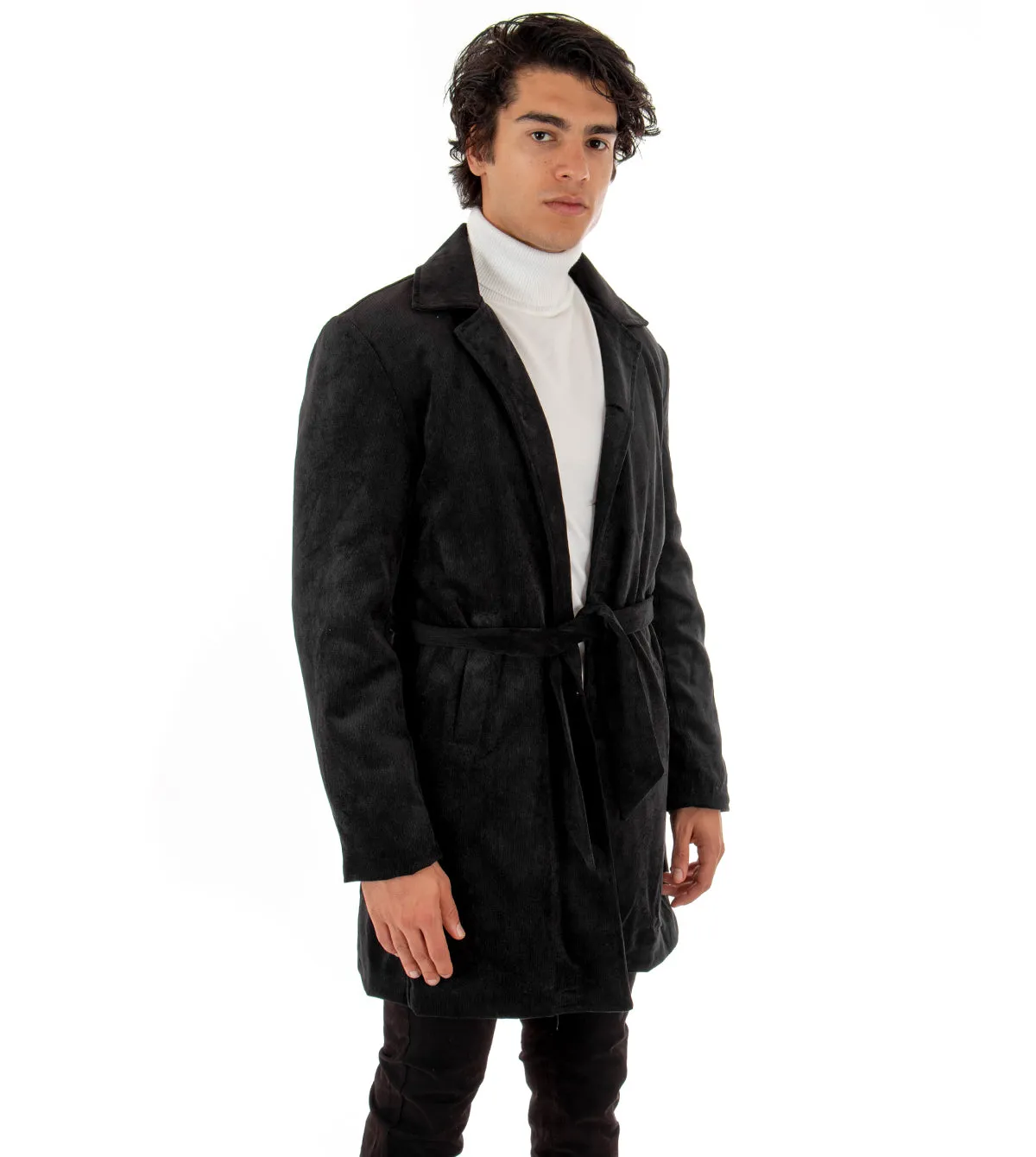Cappotto Monopetto Uomo Giaccone Con Colletto Cintura Nero Baronetto Elegante GIOSAL-G2461A