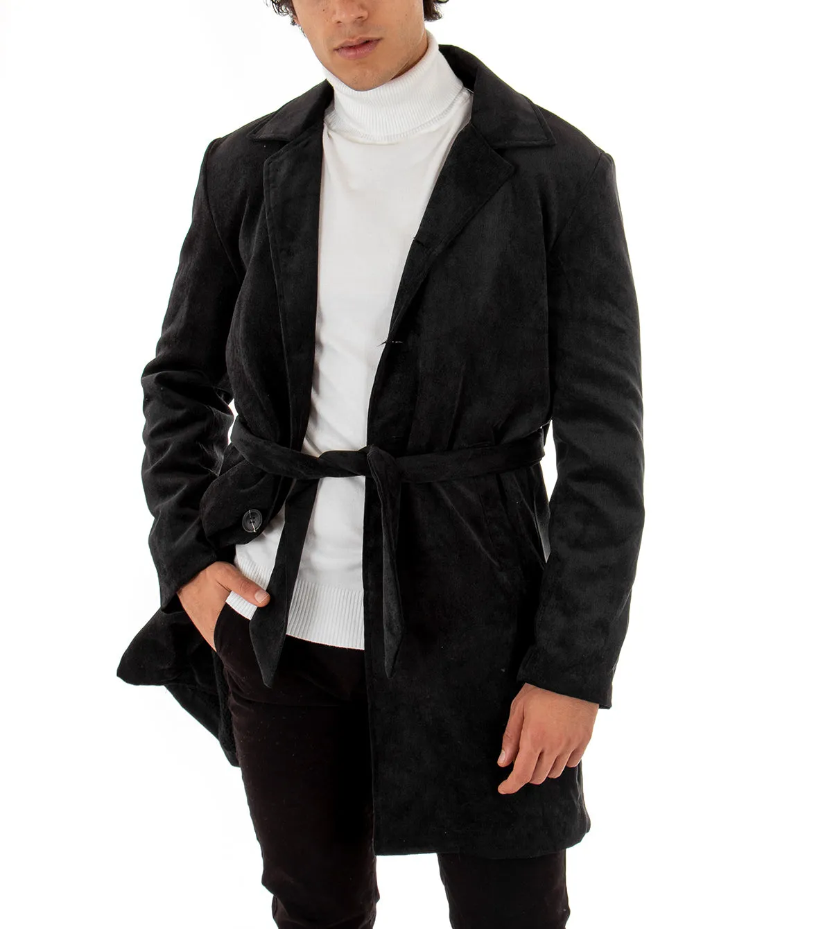 Cappotto Monopetto Uomo Giaccone Con Colletto Cintura Nero Baronetto Elegante GIOSAL-G2461A