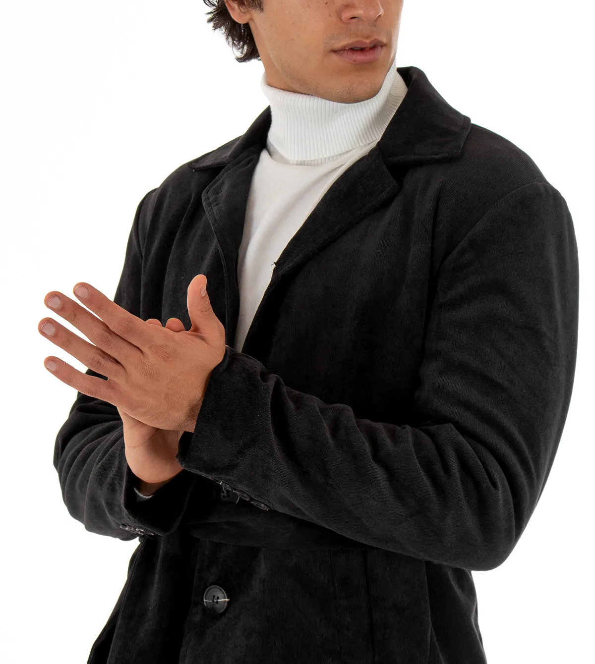 Cappotto Monopetto Uomo Giaccone Con Colletto Cintura Nero Baronetto Elegante GIOSAL-G2461A