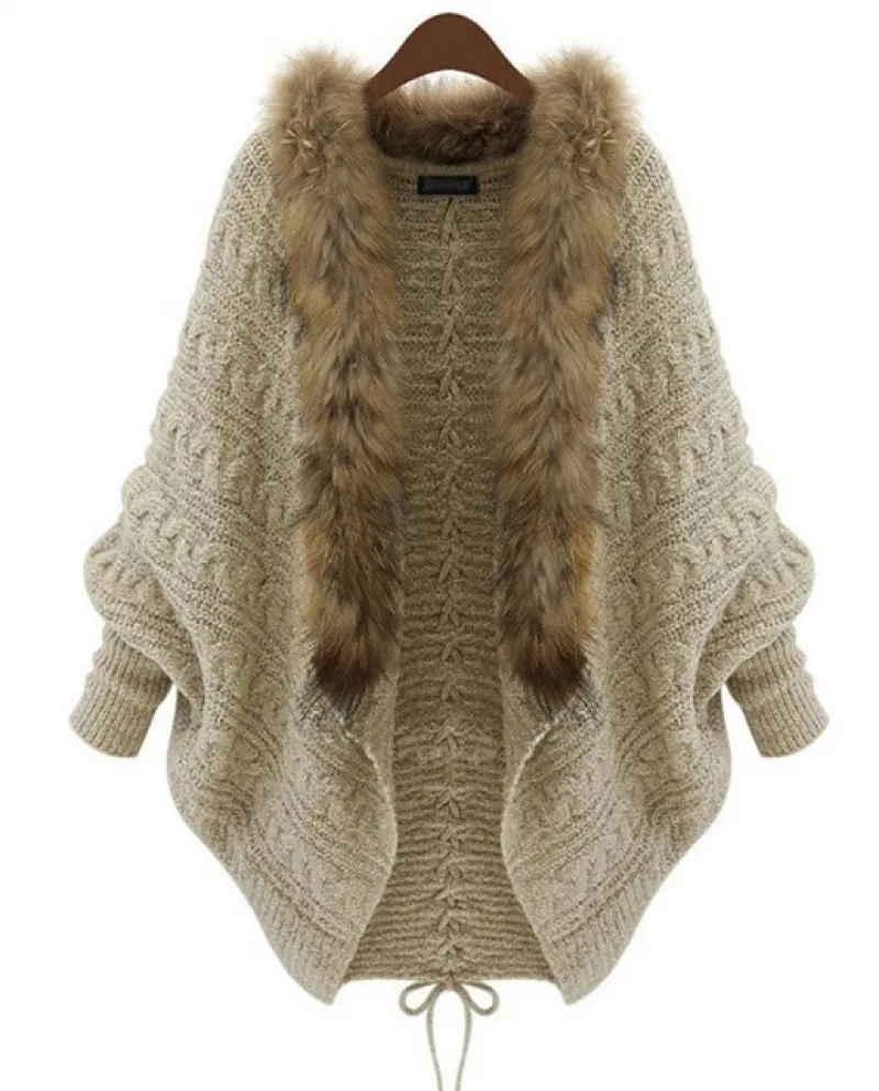 Cardigan da donna Maglione spesso Poncho Mantelle Femme Autunno Inverno Manica a pipistrello Collo in pelliccia Maglione di lana