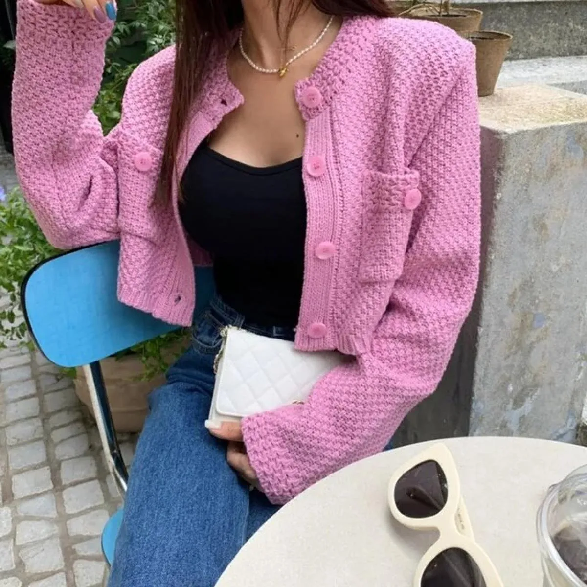 Cardigan lavorato a maglia donna autunno inverno 2023 nuovo maglione con tasca girocollo cappotto corto maglione a maniche lungh