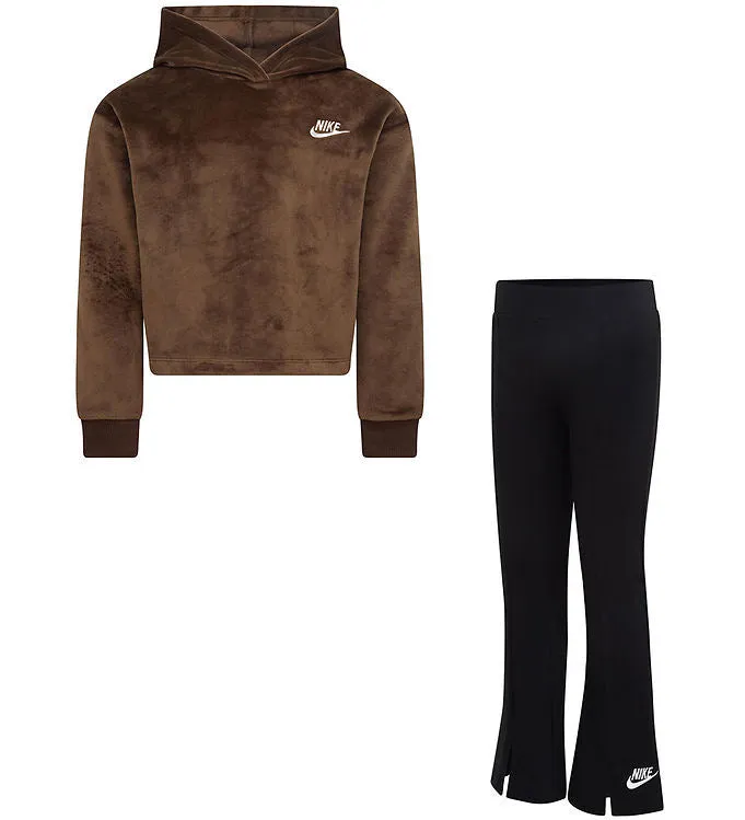 Completo felpa in velluto marrone + leggins  neri per bambina