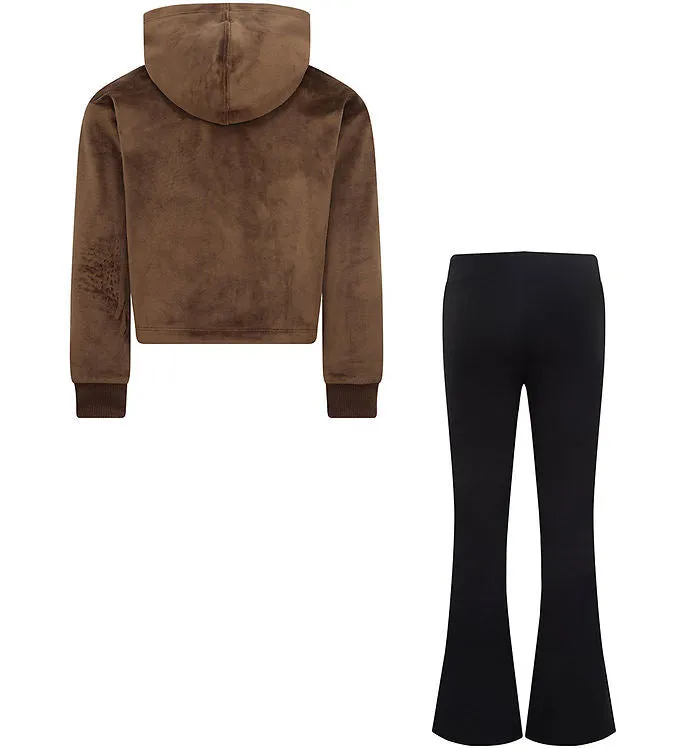 Completo felpa in velluto marrone + leggins  neri per bambina