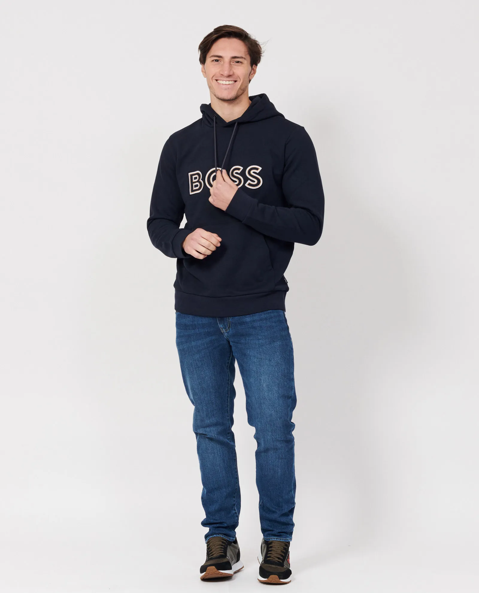 Felpa blu con cappuccio e logo boss