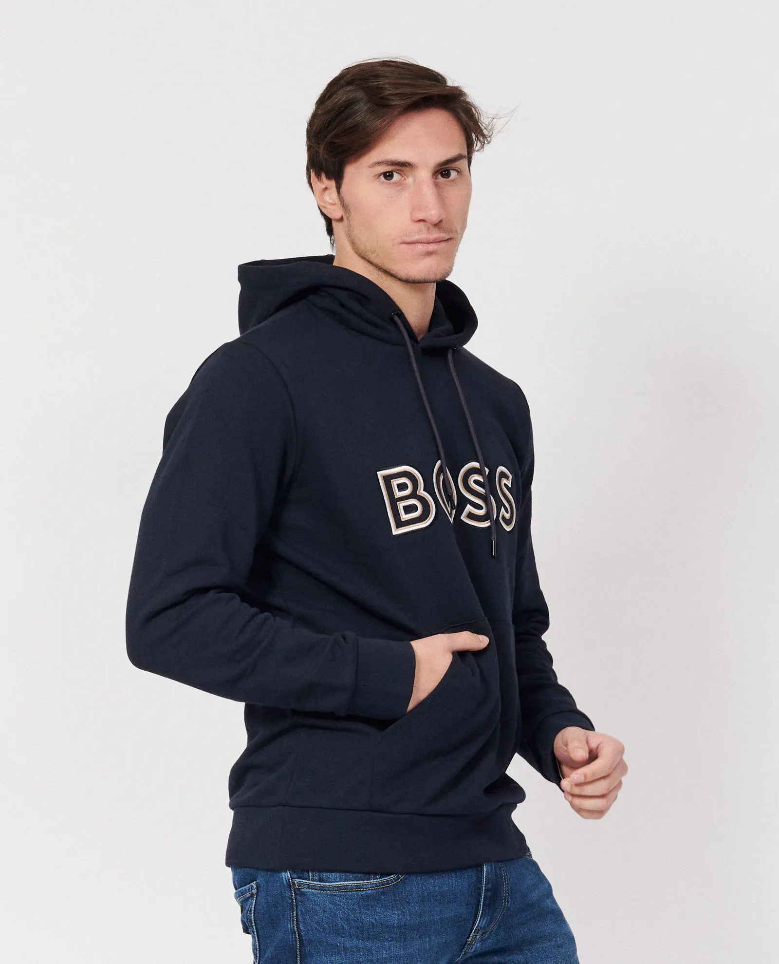 Felpa blu con cappuccio e logo boss
