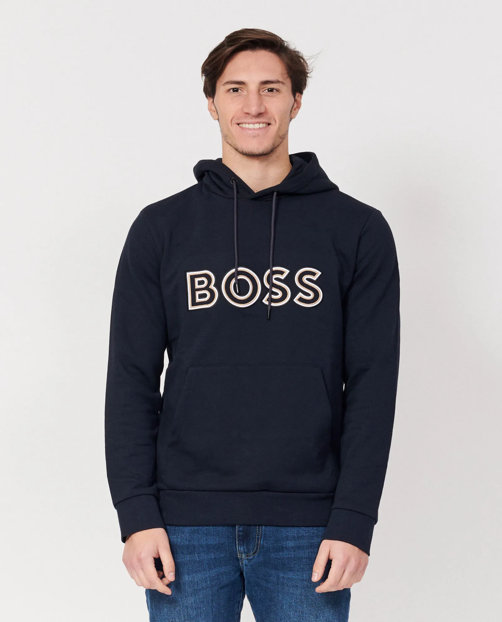 Felpa blu con cappuccio e logo boss