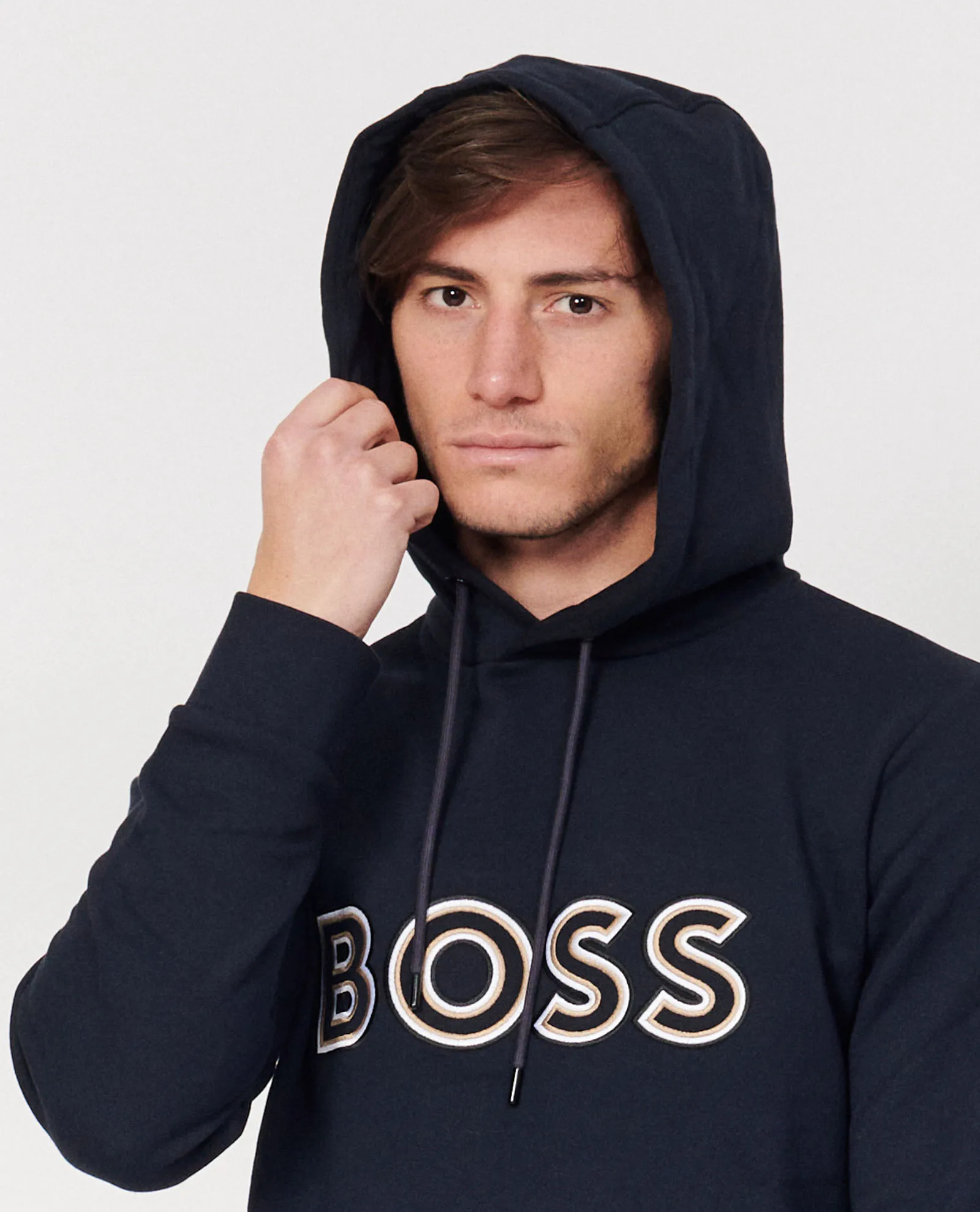 Felpa blu con cappuccio e logo boss
