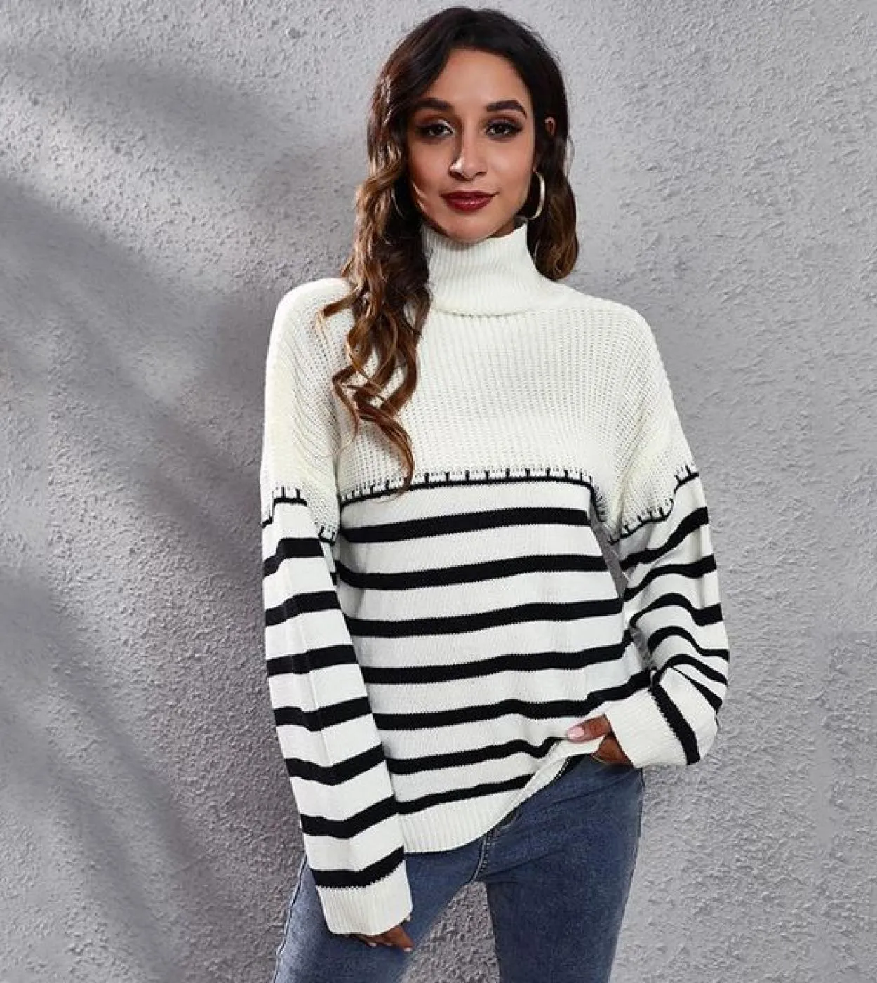 Gacvga maglione casual lavorato a maglia a righe per donna autunno inverno manica lunga top oversize maglione allentato moda