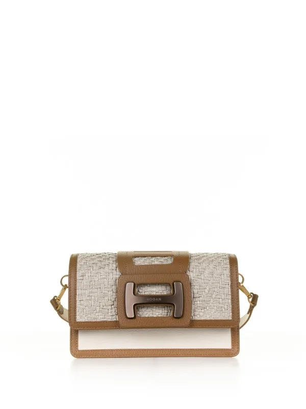 H-Bag shoulder bag in grained leather and raffia