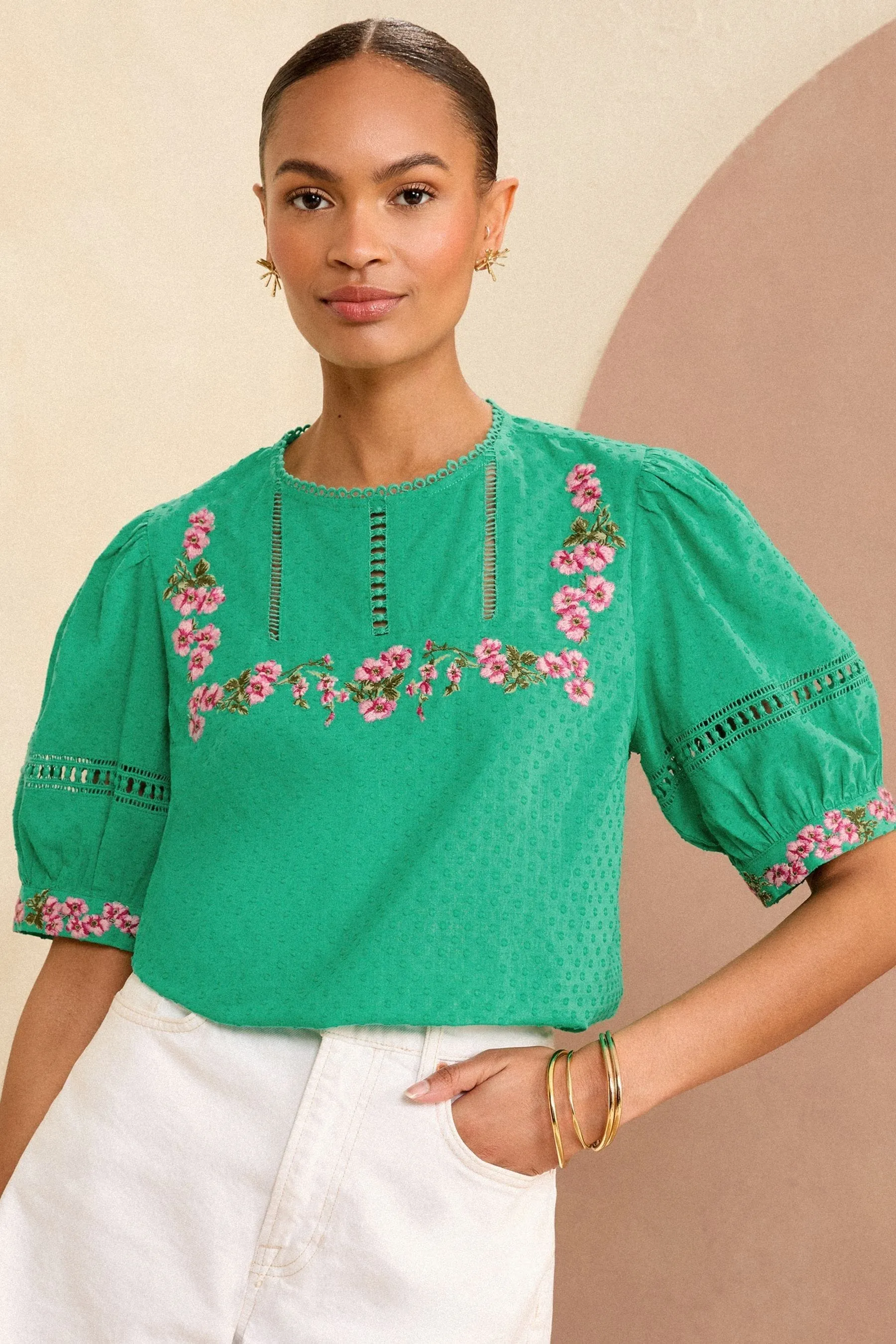 Love & Roses - Blusa con carré ricamato e maniche a sbuffo