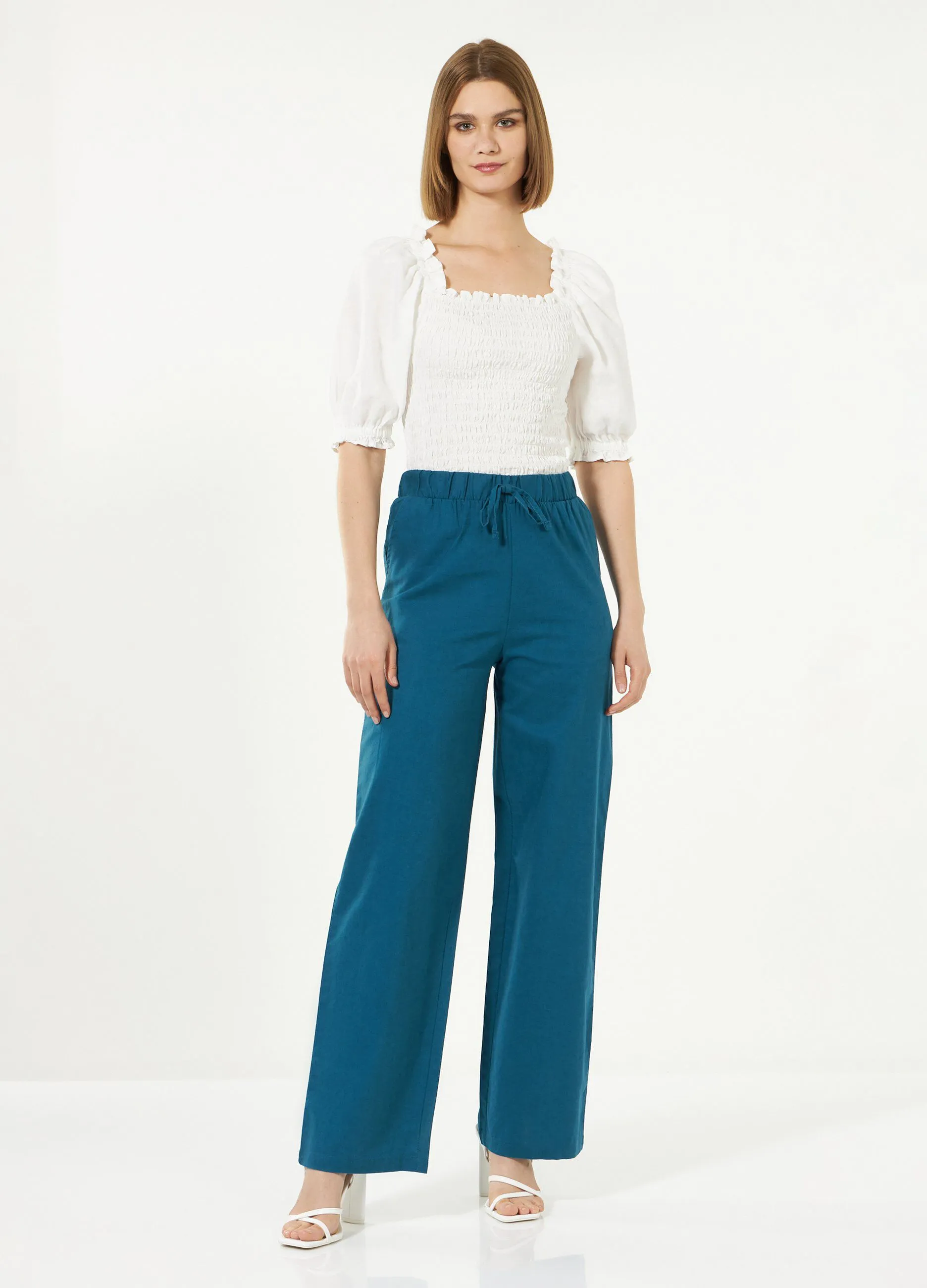 Pantalone a palazzo in misto lino donna