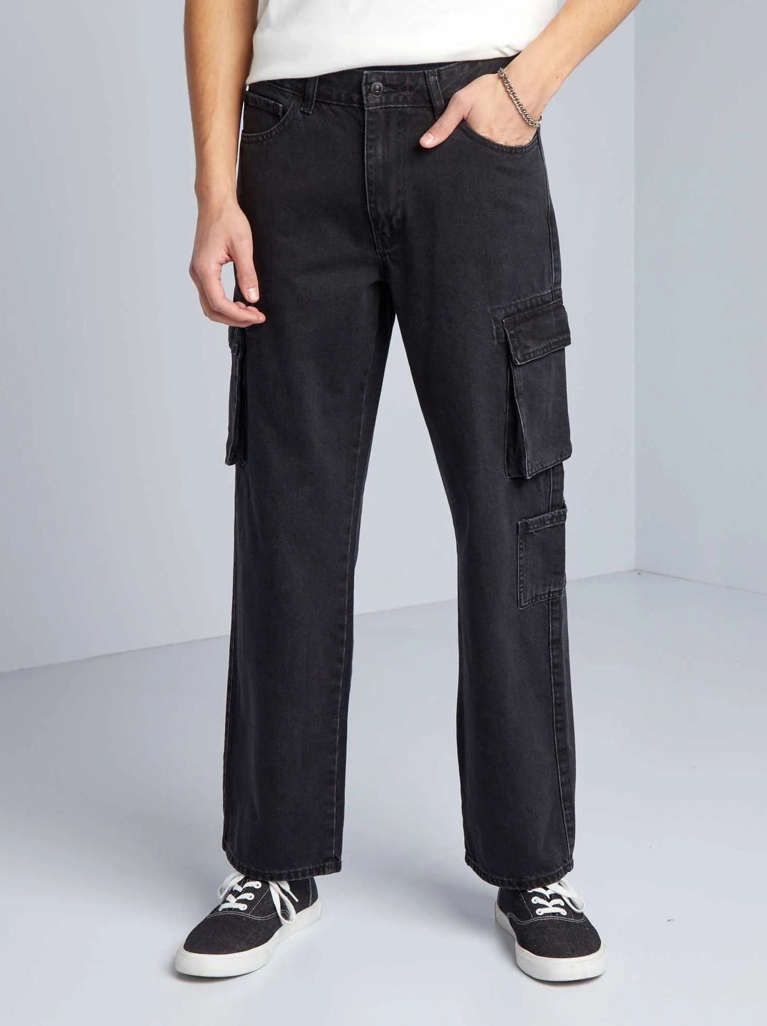 Pantaloni in denim wide leg con tasche - GRIGIO