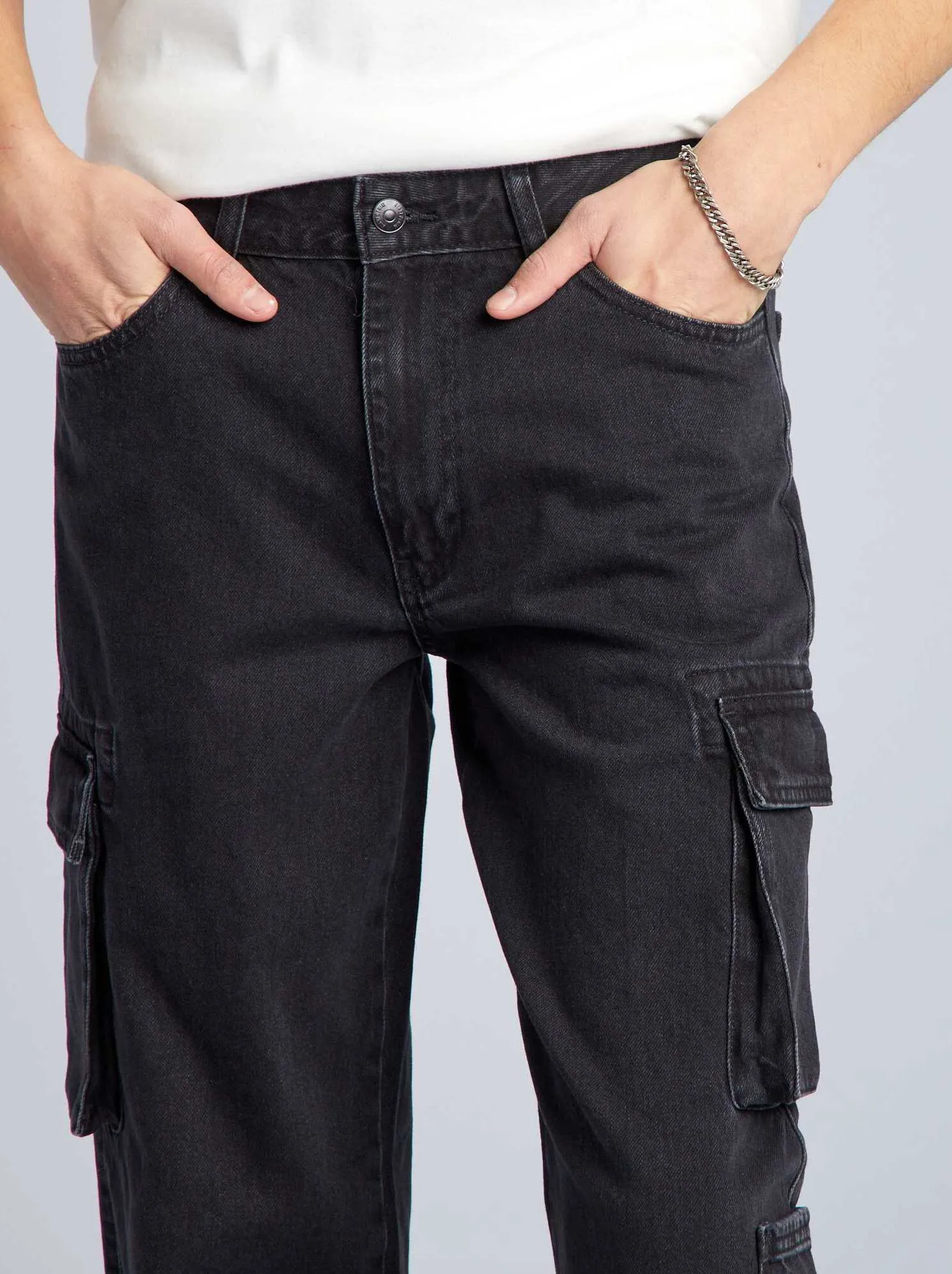 Pantaloni in denim wide leg con tasche - GRIGIO