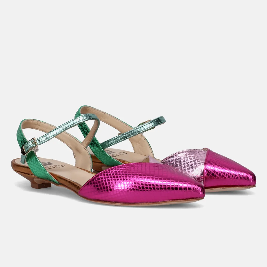 Slingback L'Arianna fucsia e verde in pelle stampa pitone