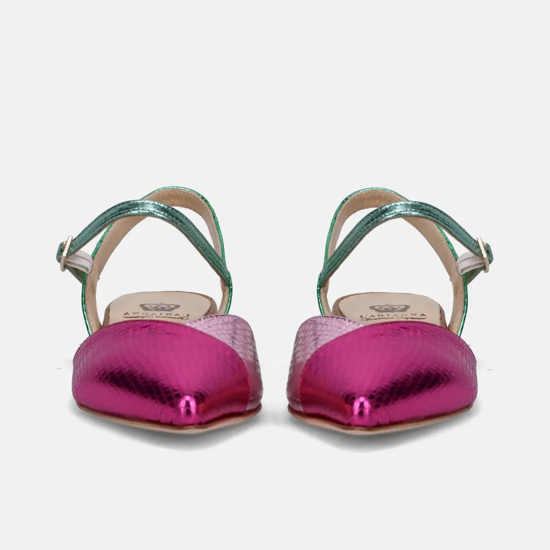 Slingback L'Arianna fucsia e verde in pelle stampa pitone
