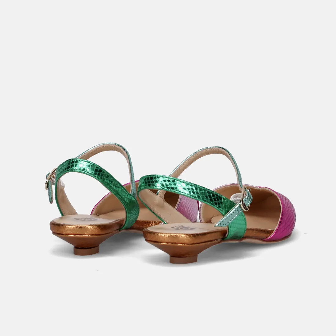 Slingback L'Arianna fucsia e verde in pelle stampa pitone
