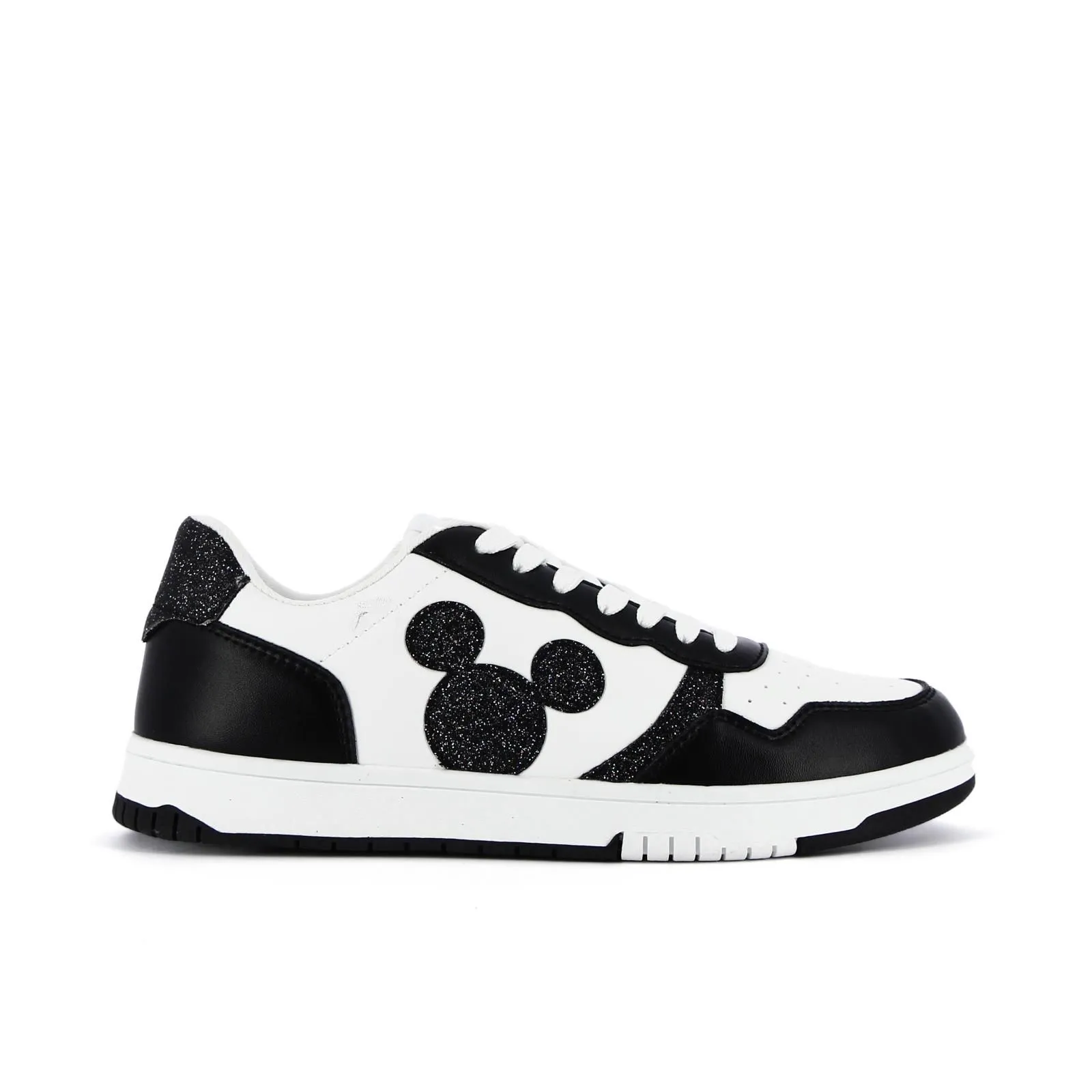 Sneakers bianche e nere con dettagli glitter cartoon Topolino