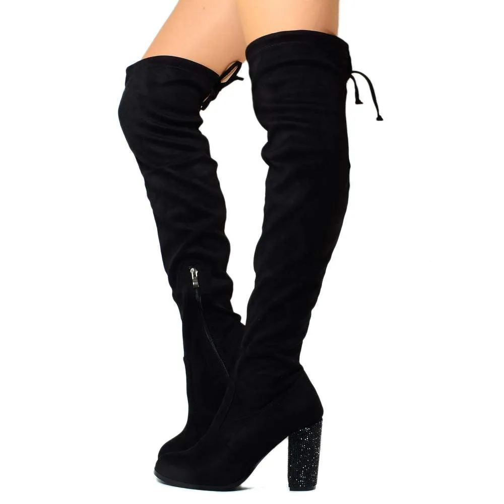 Stivali Alti Overknee in Tessuto Elasticizzato Scamosciati Neri