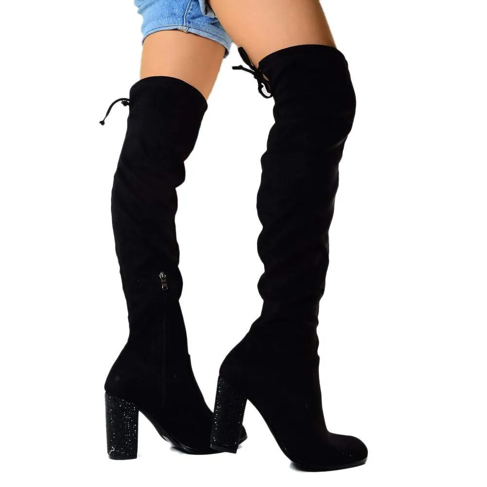 Stivali Alti Overknee in Tessuto Elasticizzato Scamosciati Neri