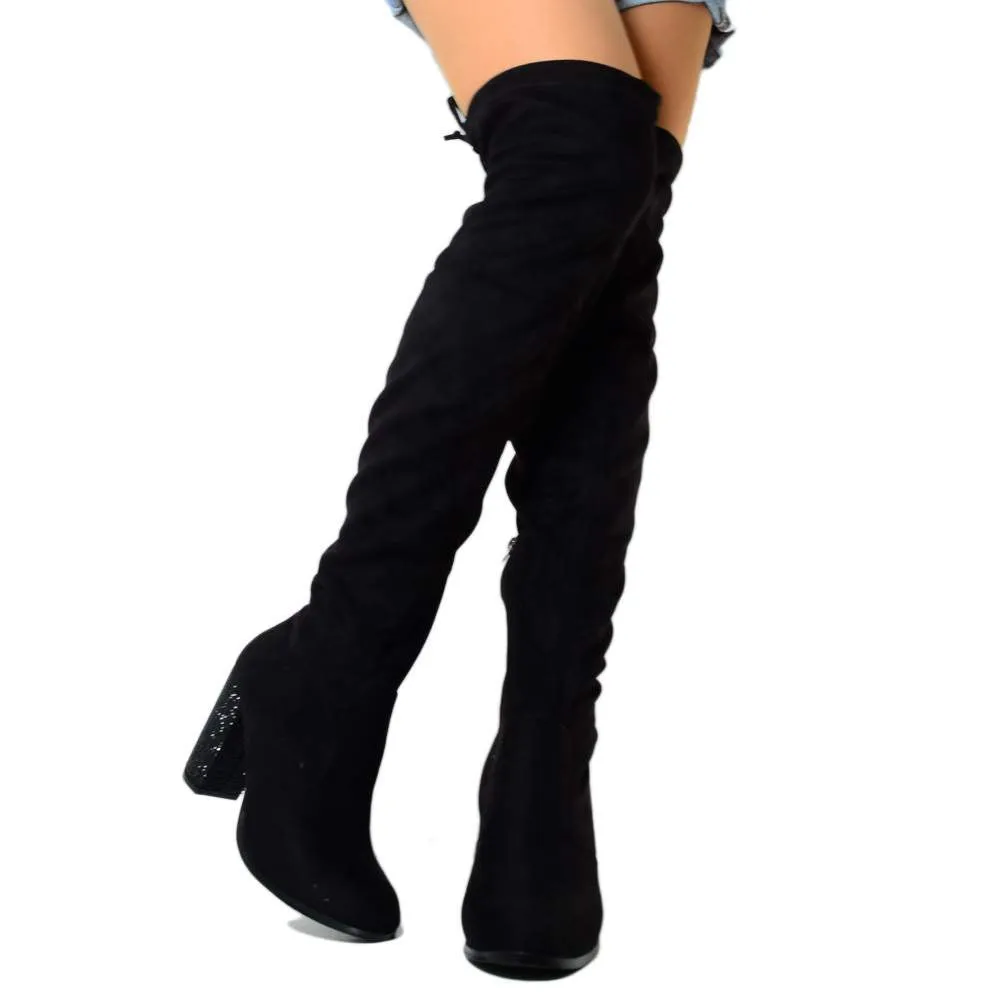 Stivali Alti Overknee in Tessuto Elasticizzato Scamosciati Neri