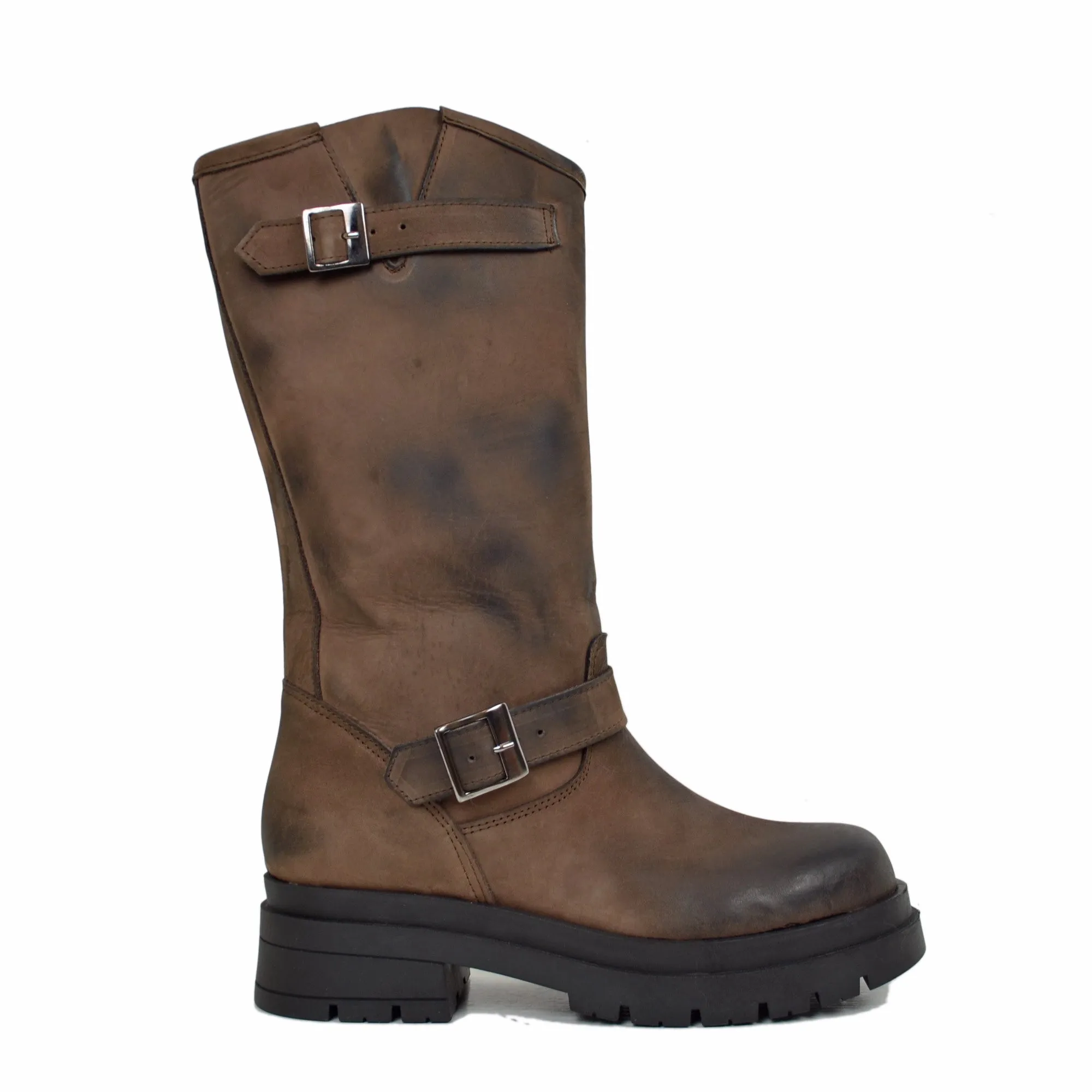 Stivali Biker Donna Marroni con Fibbie Regolabili Made in Italy