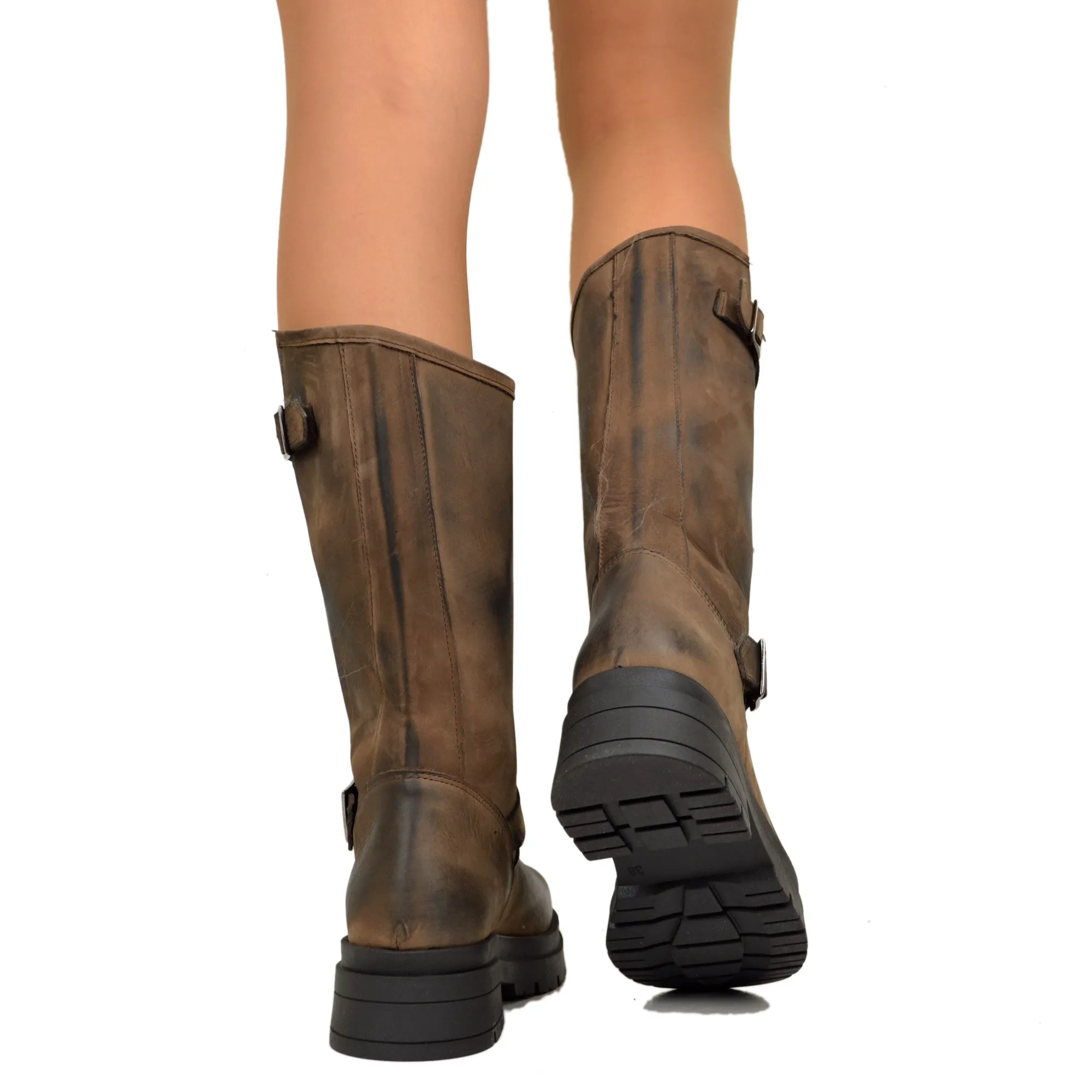 Stivali Biker Donna Marroni con Fibbie Regolabili Made in Italy