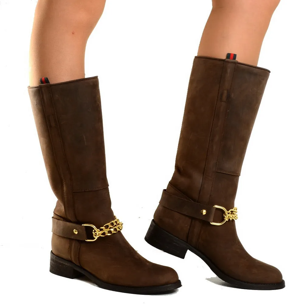 Stivali Camperos Western con Catena dorata Pelle Rigida Marrone
