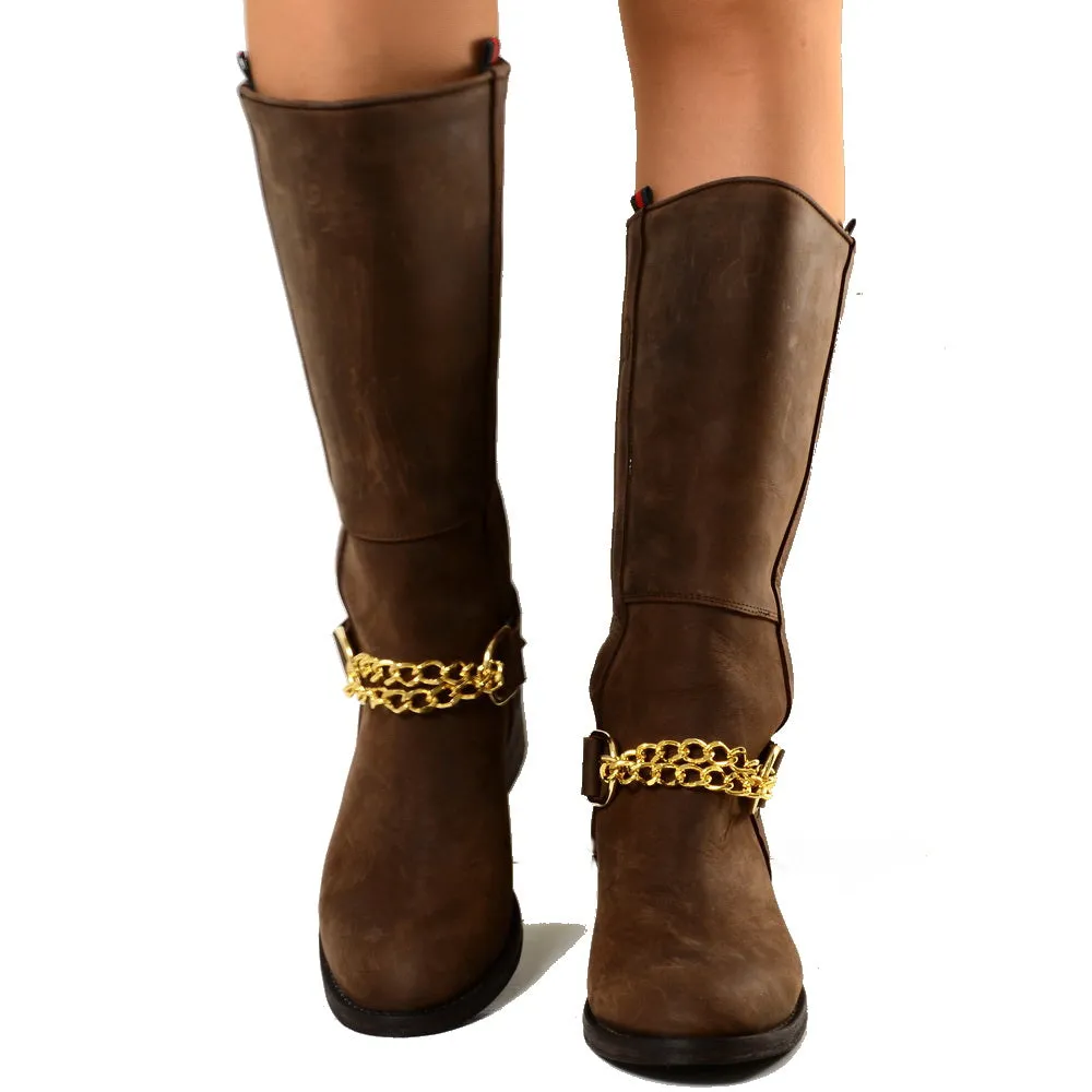 Stivali Camperos Western con Catena dorata Pelle Rigida Marrone