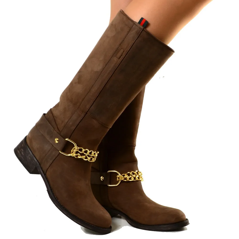 Stivali Camperos Western con Catena dorata Pelle Rigida Marrone