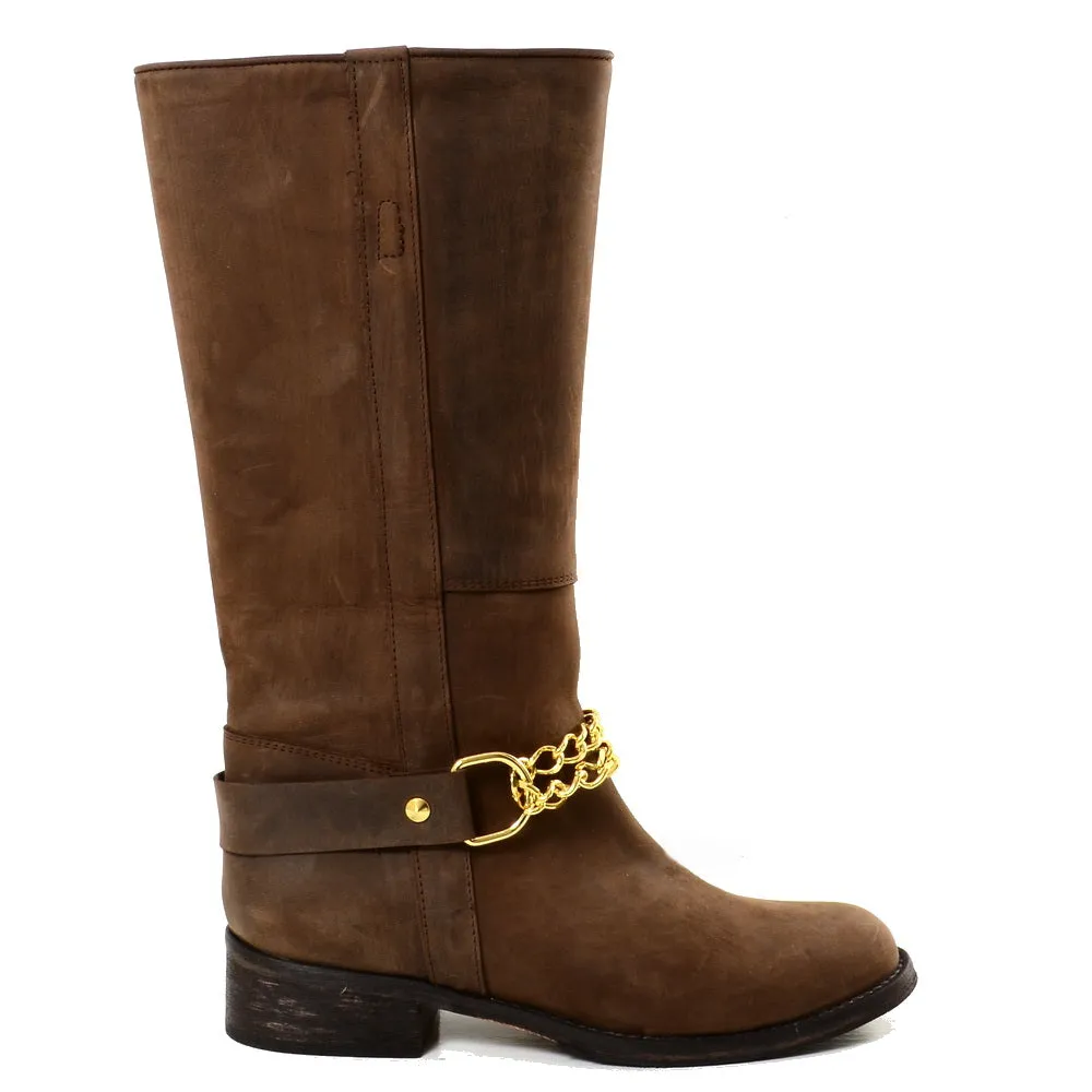 Stivali Camperos Western con Catena dorata Pelle Rigida Marrone