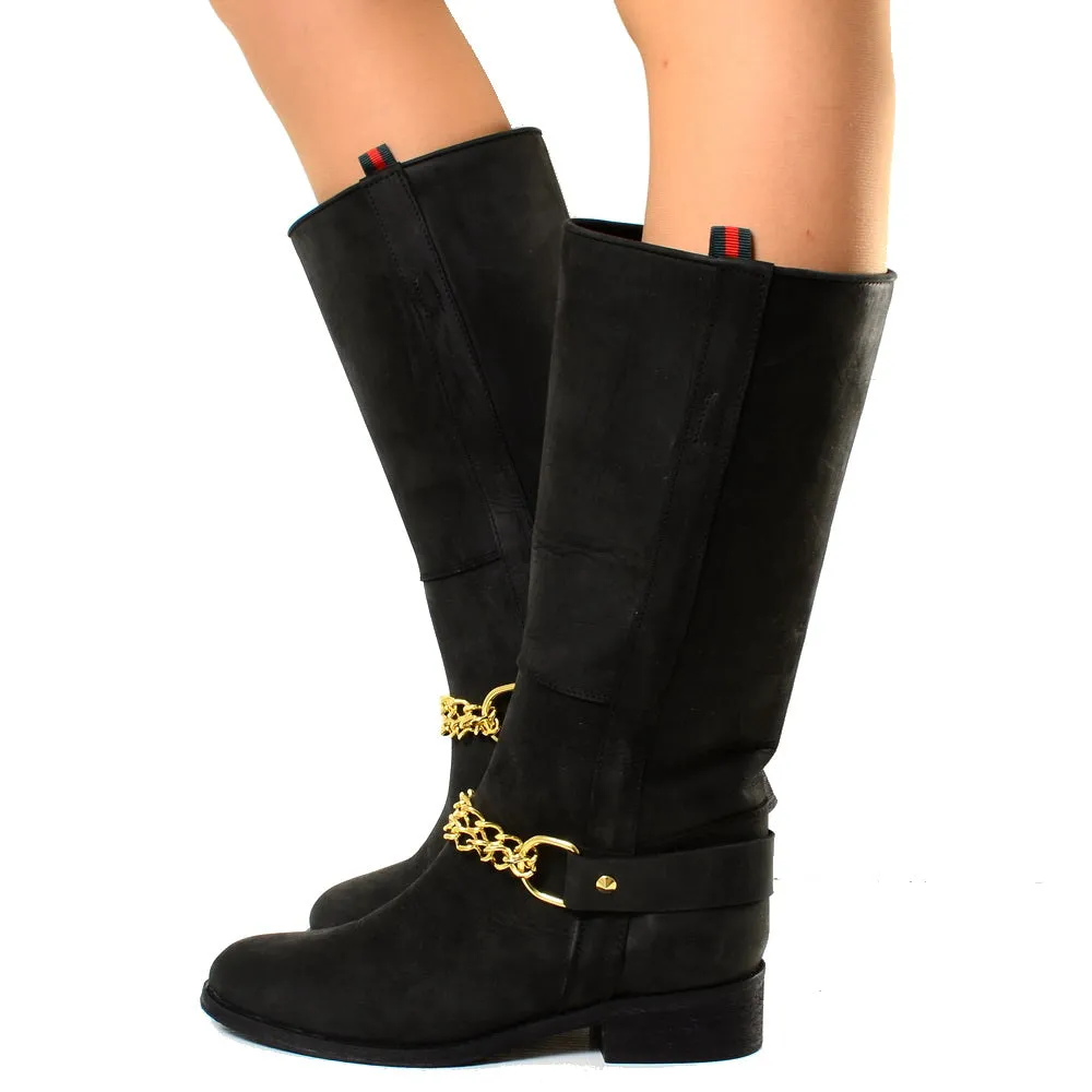 Stivali Camperos Western con Catena dorata Pelle Rigida Nera