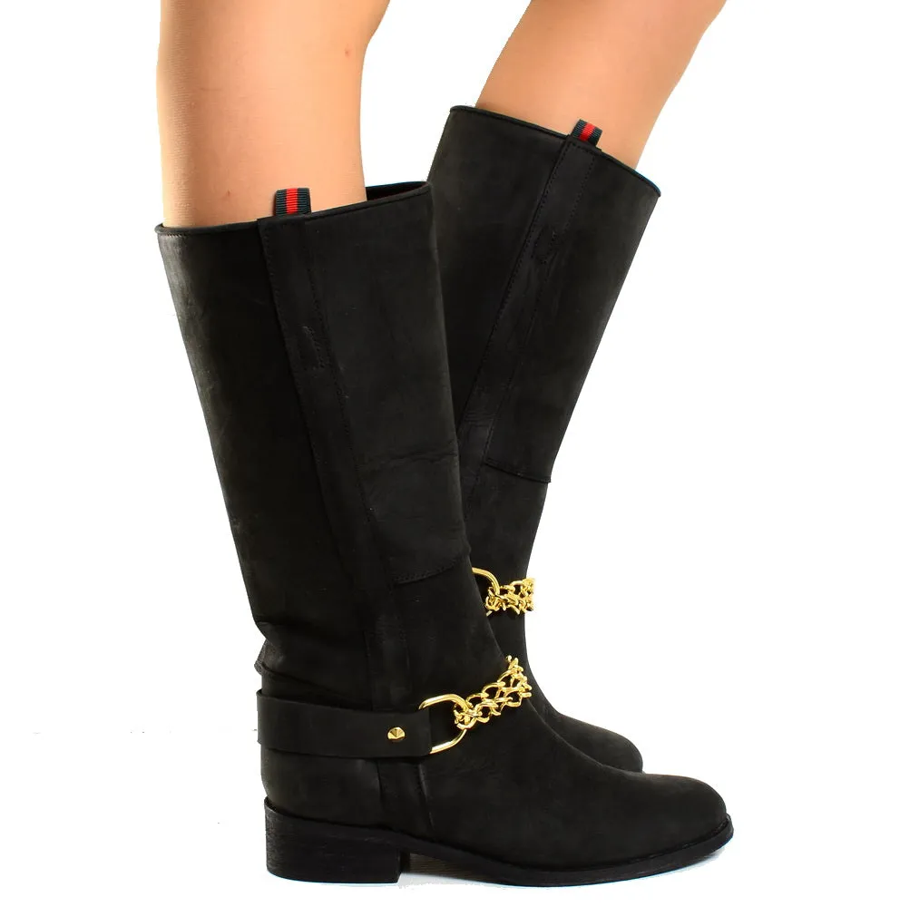 Stivali Camperos Western con Catena dorata Pelle Rigida Nera