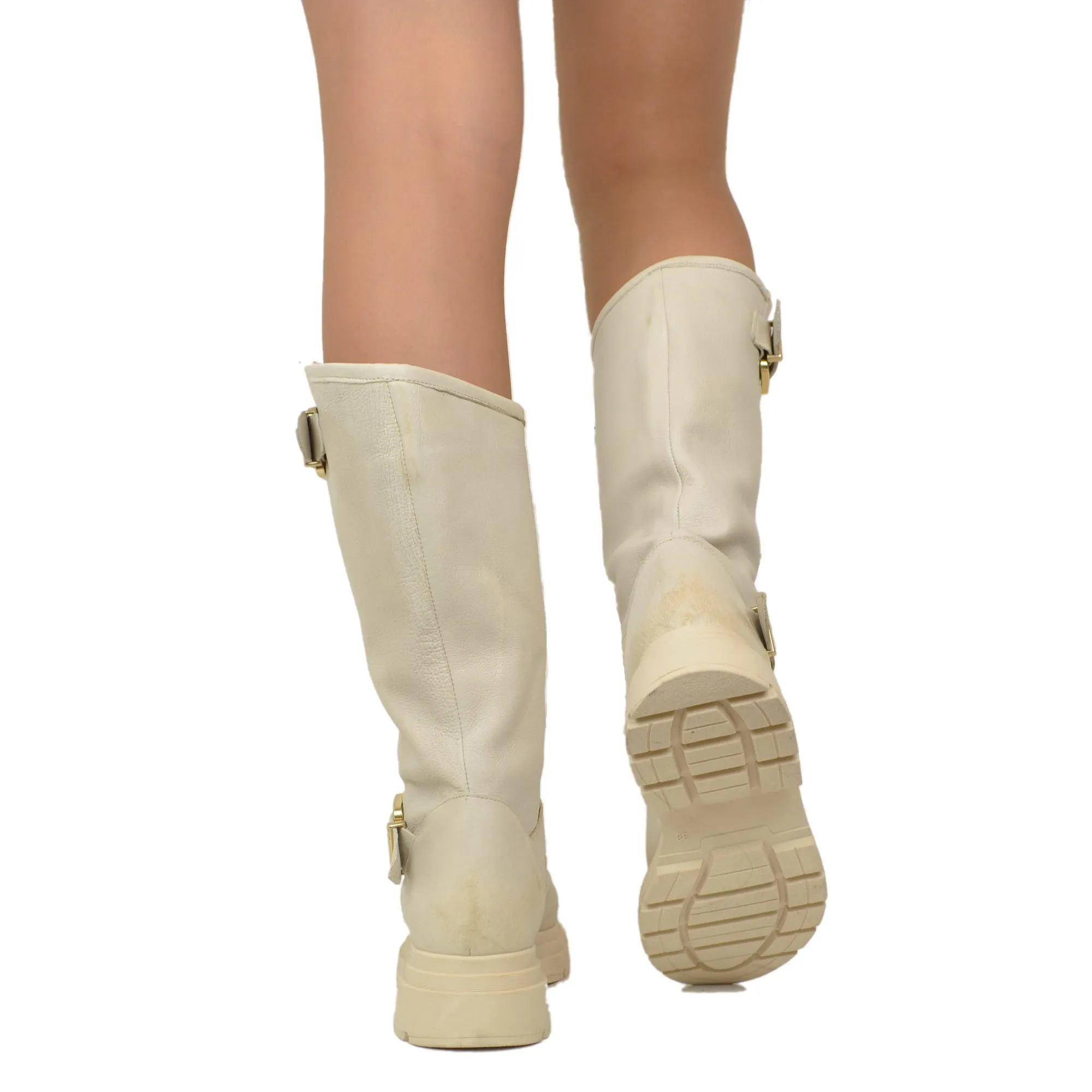 Stivali Donna Biker Beige con Fibbie Regolabili Made in Italy