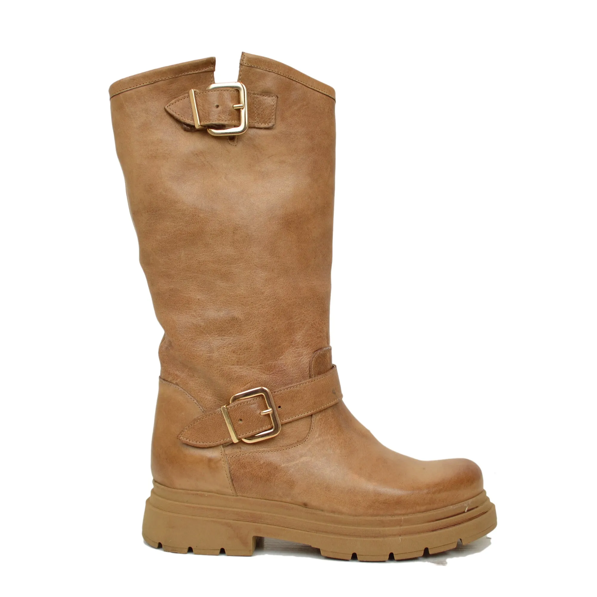 Stivali Donna Biker Cuoio con Fibbie Regolabili Made in Italy