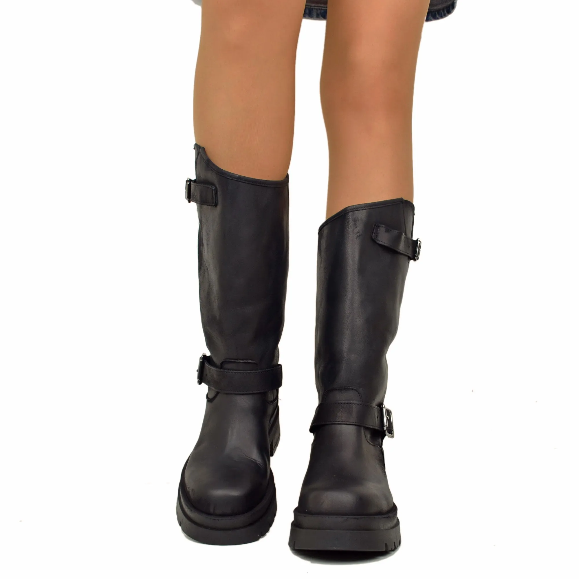 Stivali Donna Biker Neri con Fibbie Regolabili Made in Italy