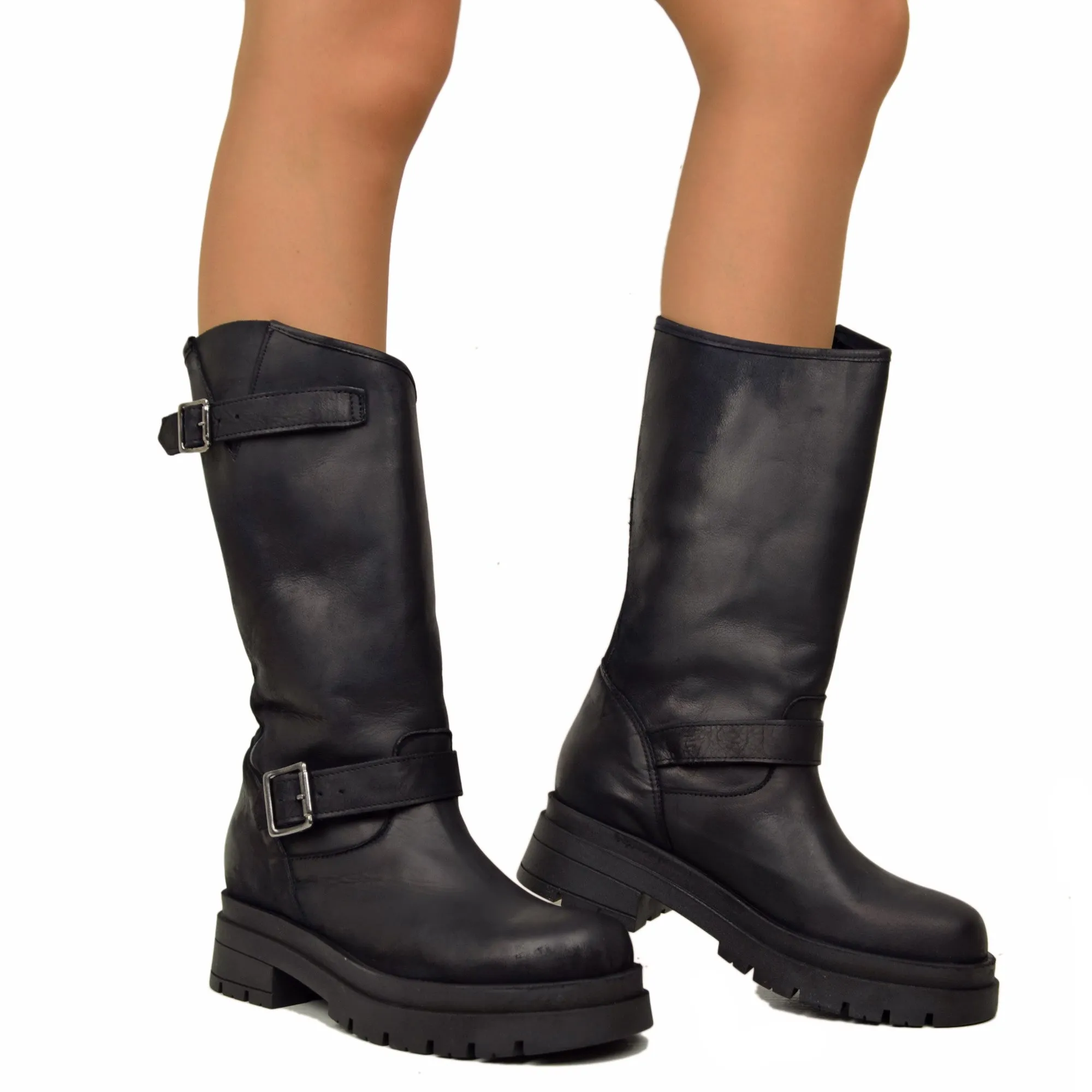 Stivali Donna Biker Neri con Fibbie Regolabili Made in Italy