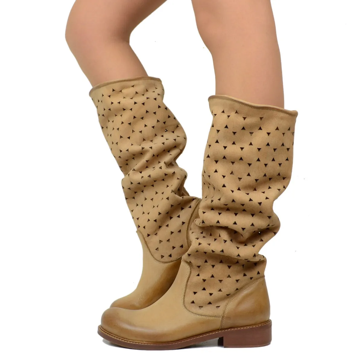 Stivali Donna Estivi in Pelle Traforata Cuoio Made in Italy