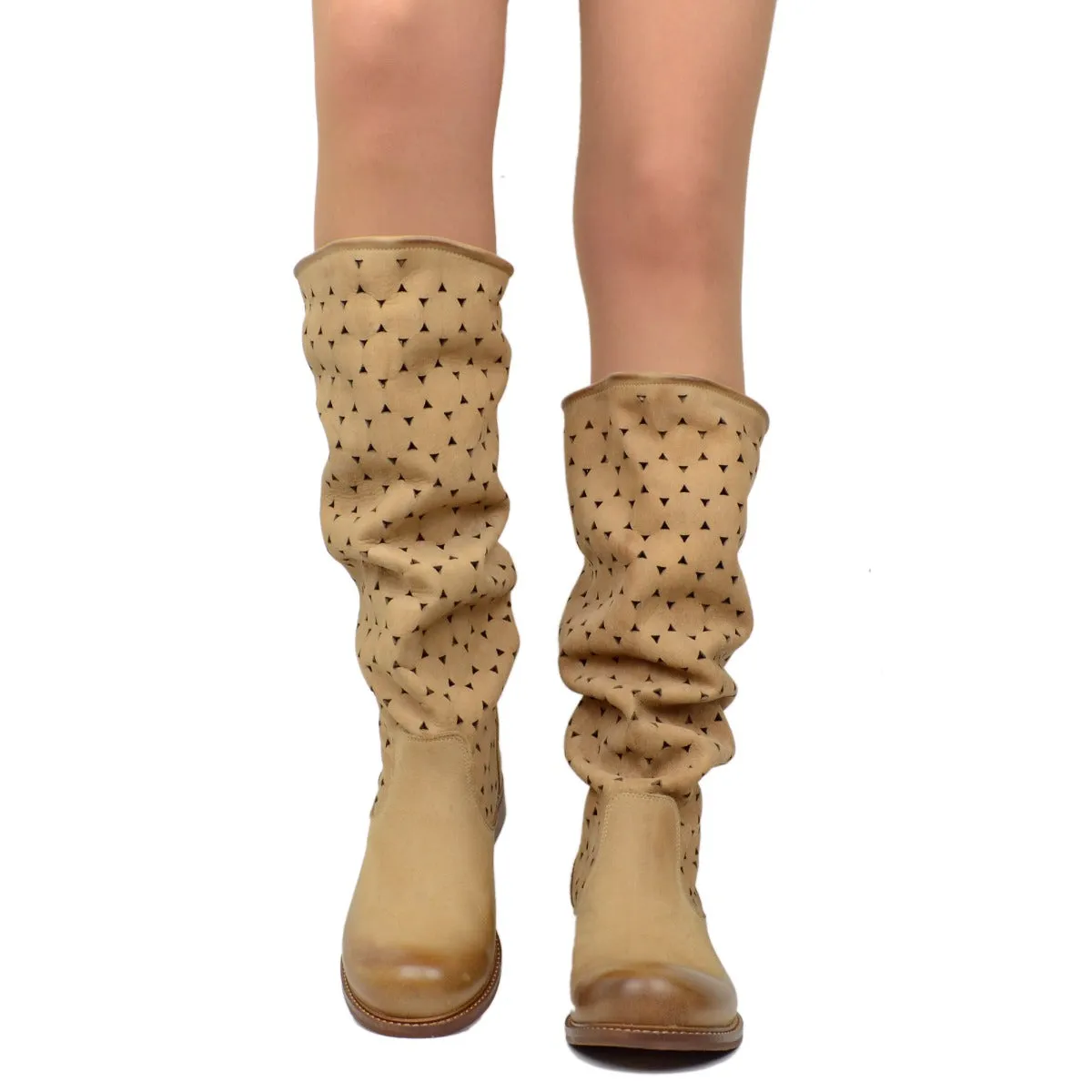 Stivali Donna Estivi in Pelle Traforata Cuoio Made in Italy
