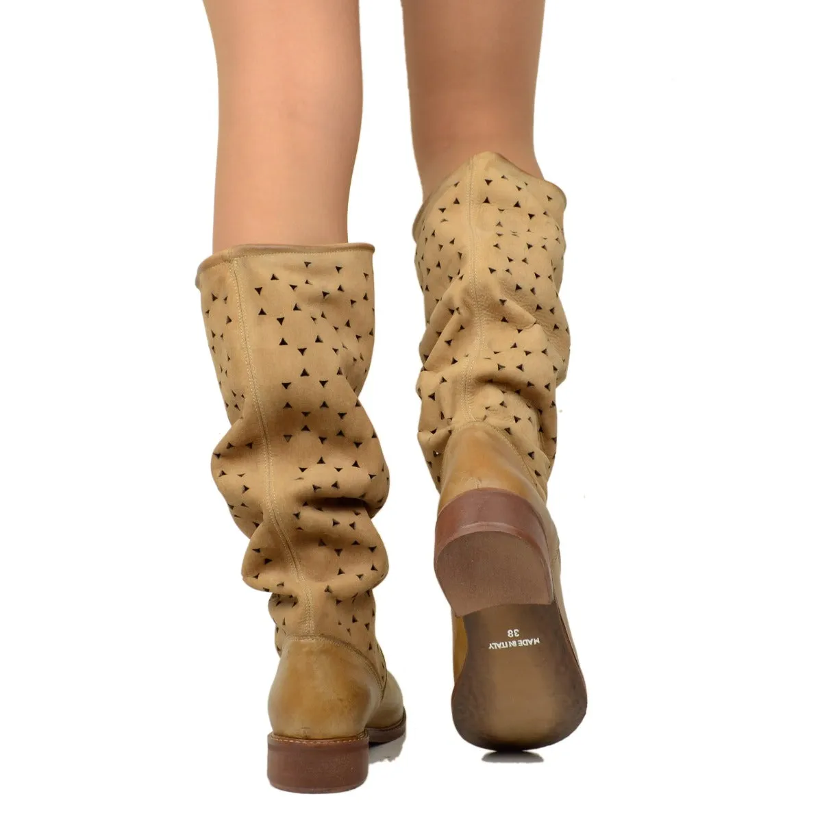 Stivali Donna Estivi in Pelle Traforata Cuoio Made in Italy