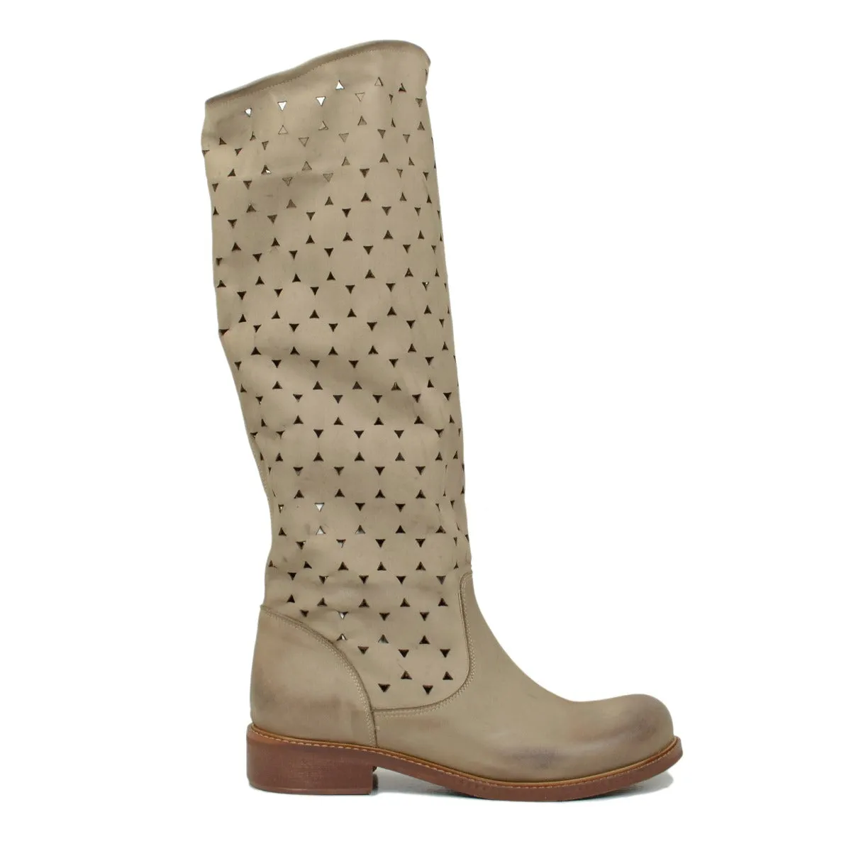 Stivali Donna Estivi in Pelle Traforata Taupe Vintage Sfumata
