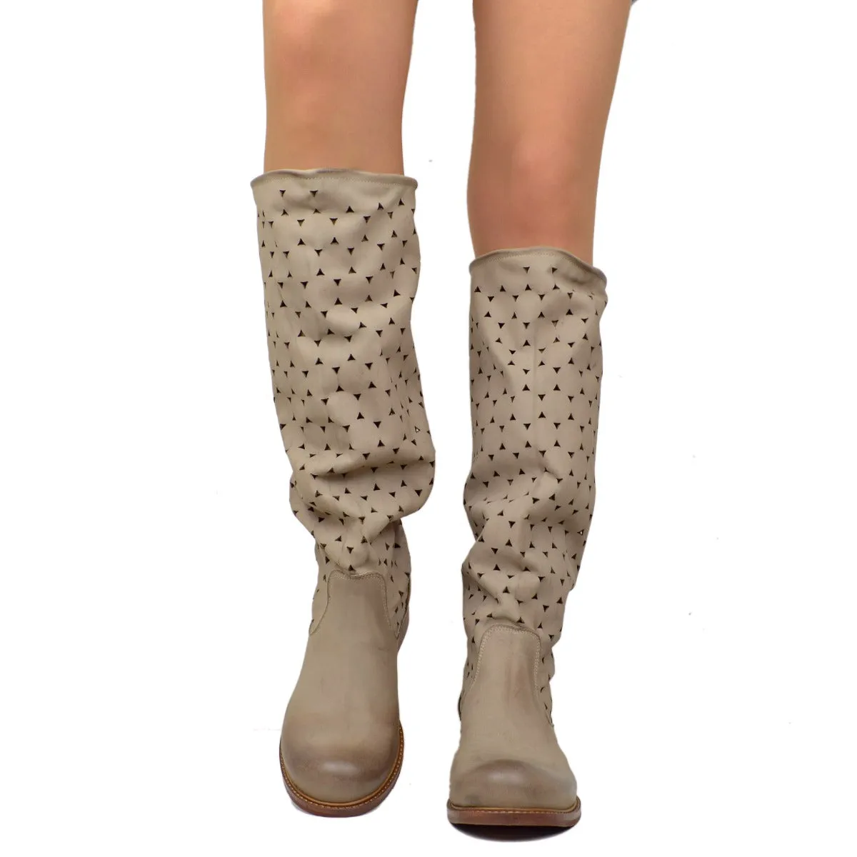 Stivali Donna Estivi in Pelle Traforata Taupe Vintage Sfumata