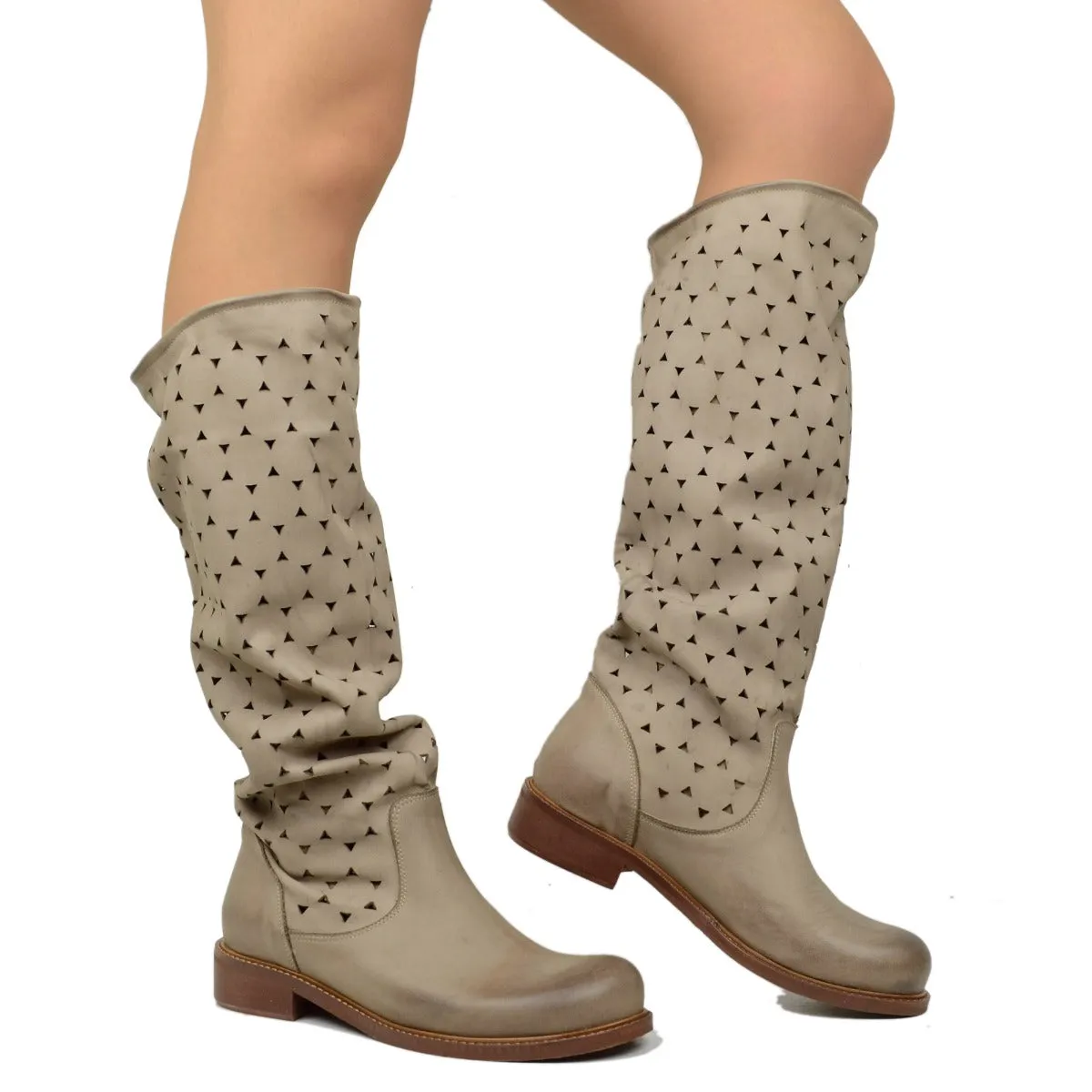 Stivali Donna Estivi in Pelle Traforata Taupe Vintage Sfumata